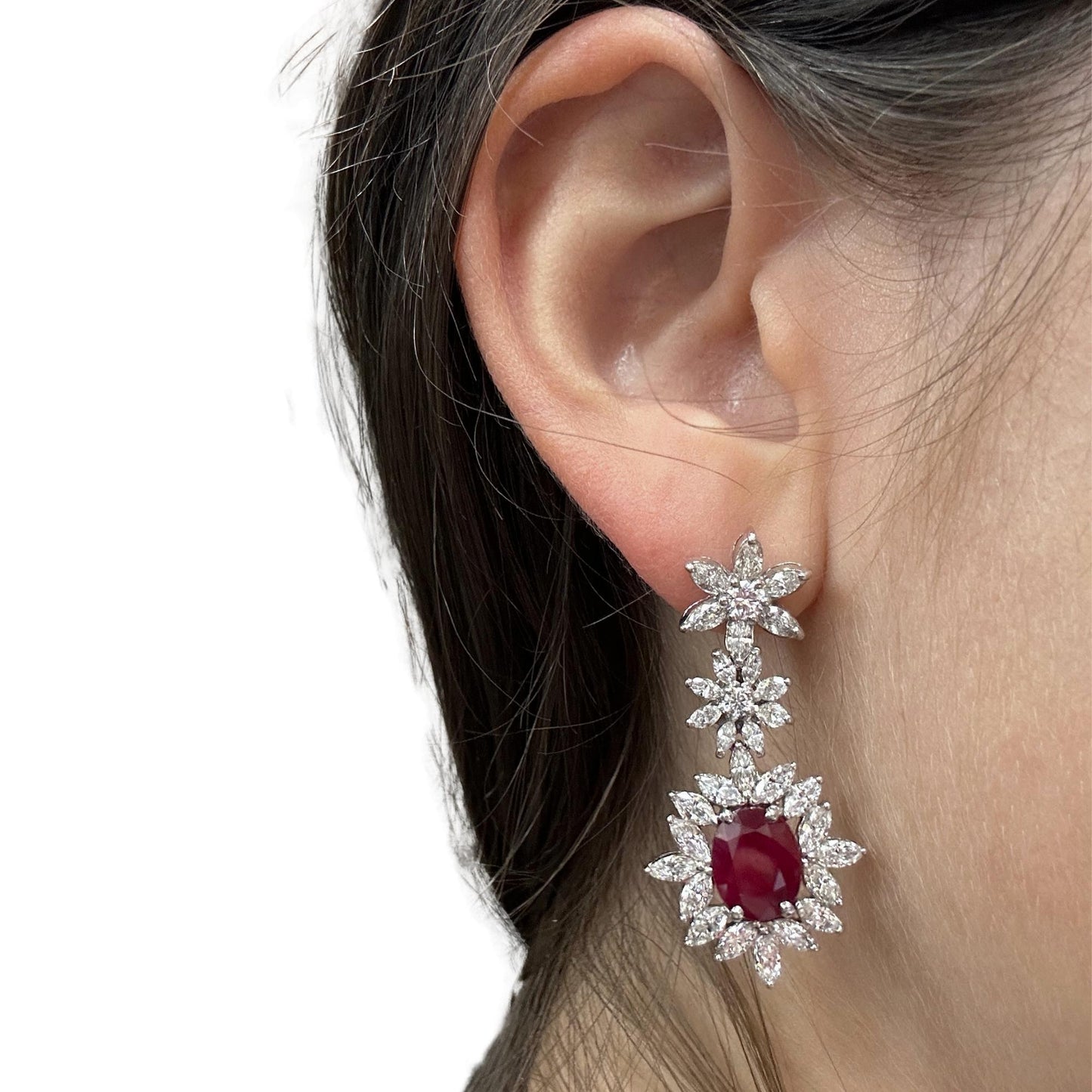 18k White Gold Marquise Diamond and Ruby Earrings