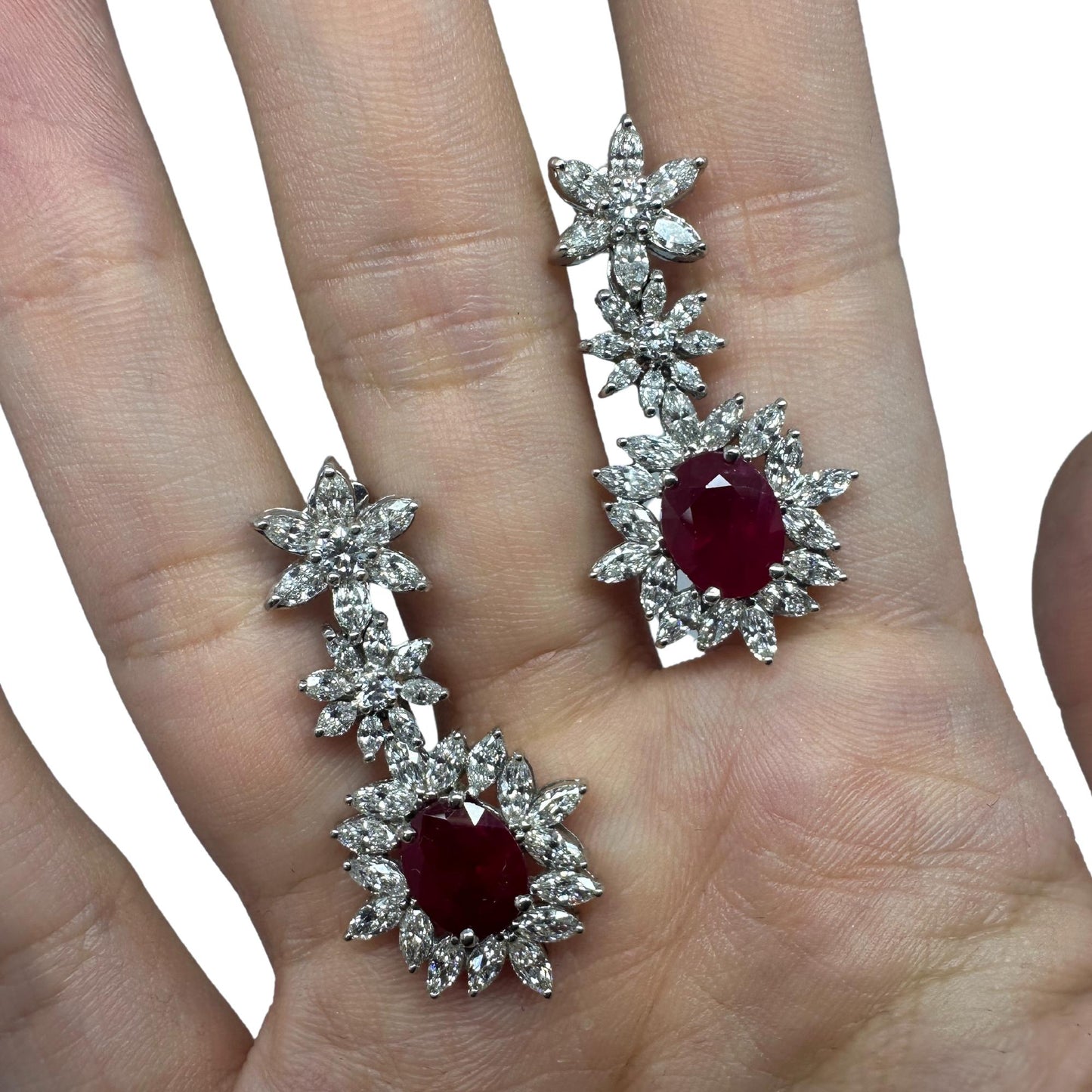 18k White Gold Marquise Diamond and Ruby Earrings
