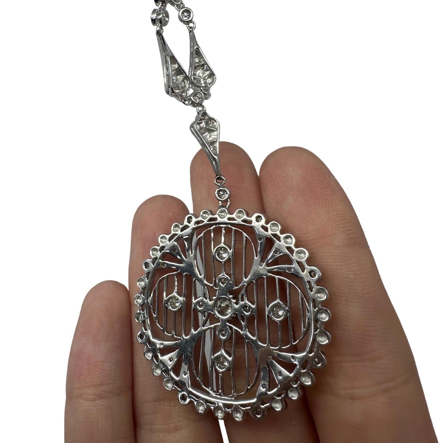 Edwardian-Inspired 18k White Gold Diamond and Pearl Filigree Pendant Necklace