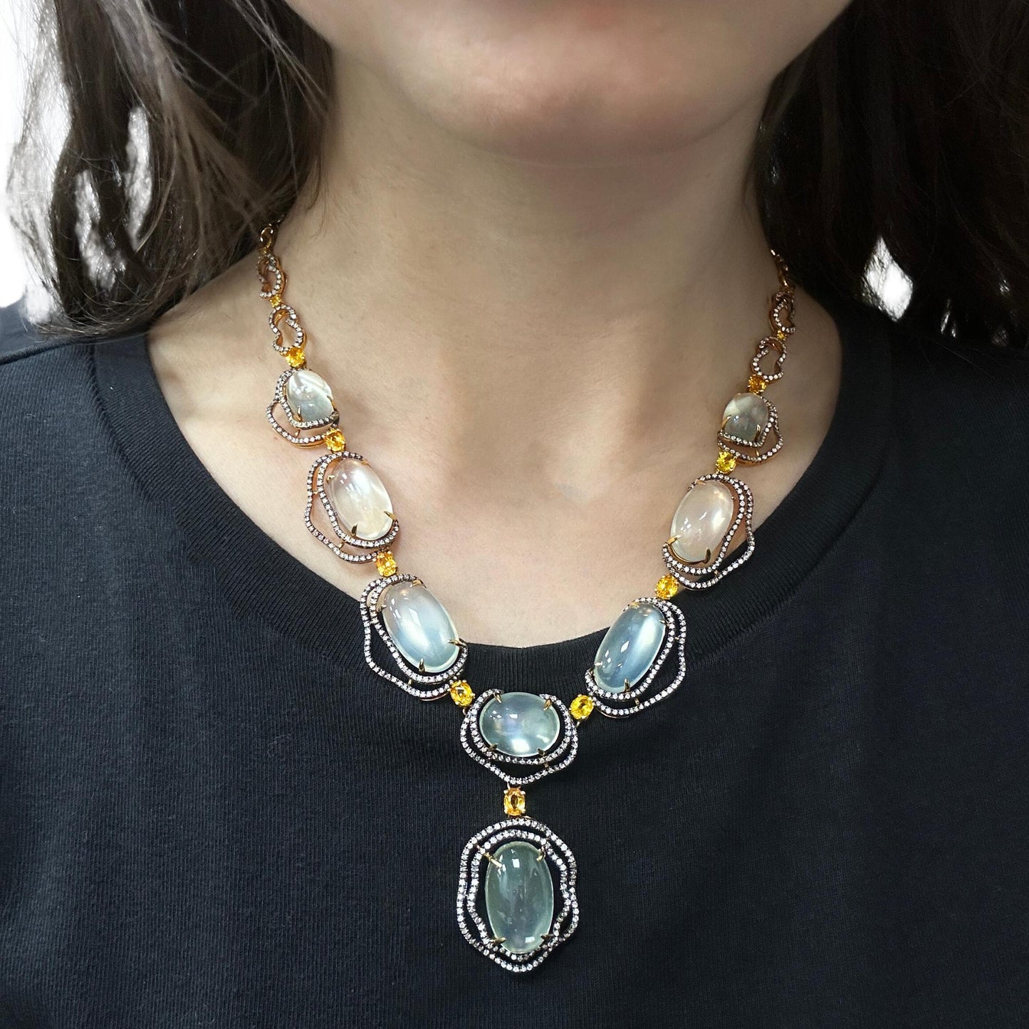 18K Yellow Gold Diamond, Yellow Sapphire and Moonstone Necklace