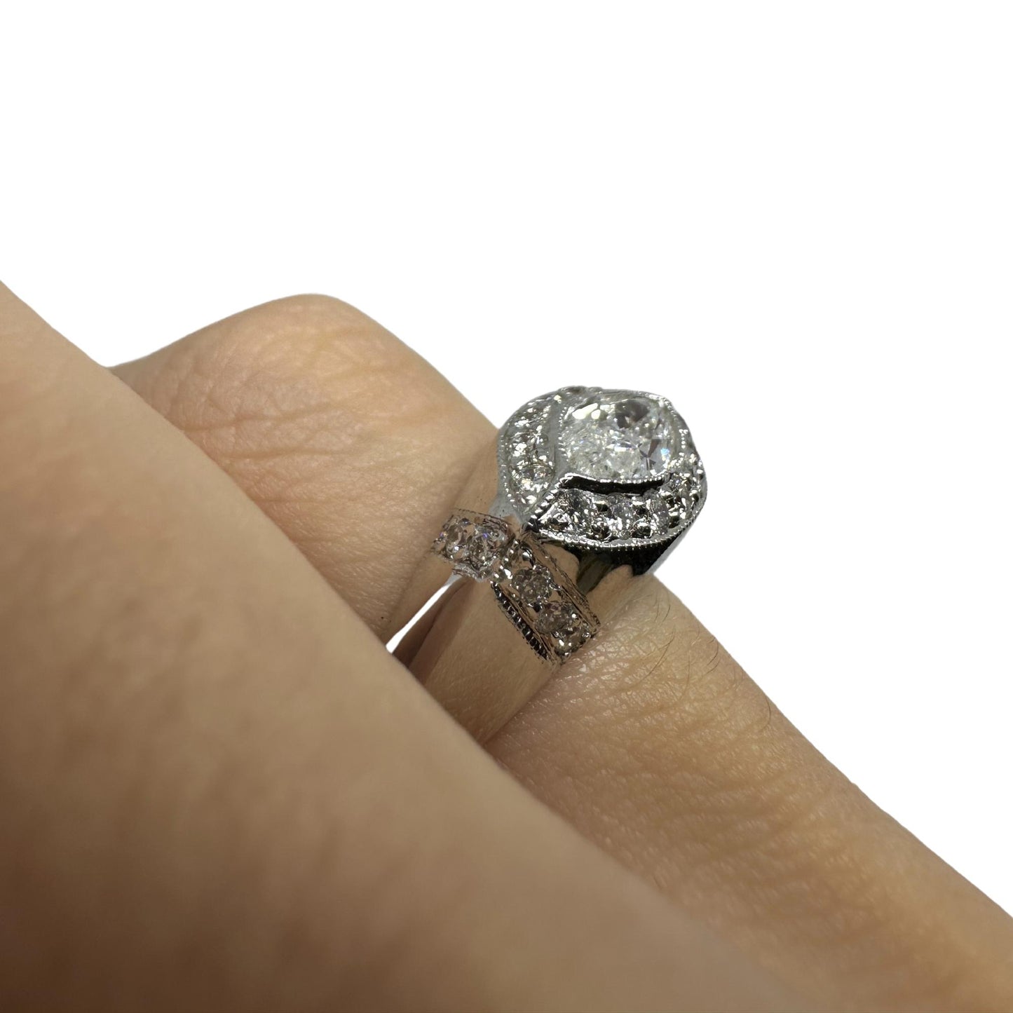 18k East-West Marquise Shaped Diamond Center Ring with Diamond Halo Ring