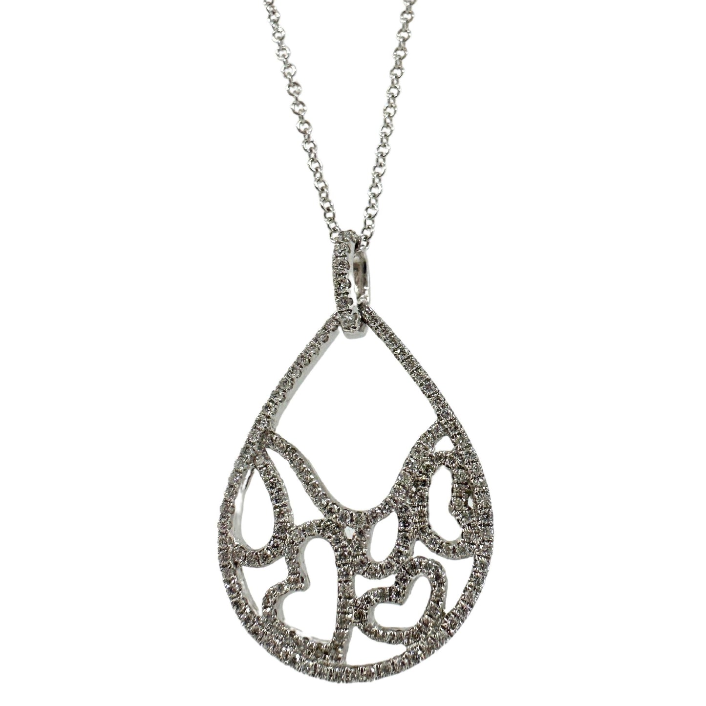 18K White Gold Diamond Pearl Tear Drop Heart Pendant Necklace