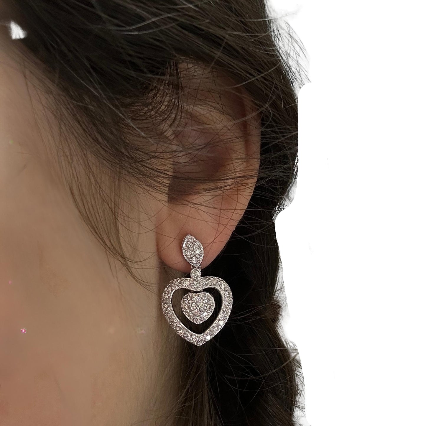 18k White Gold Diamond Heart Drop Earrings