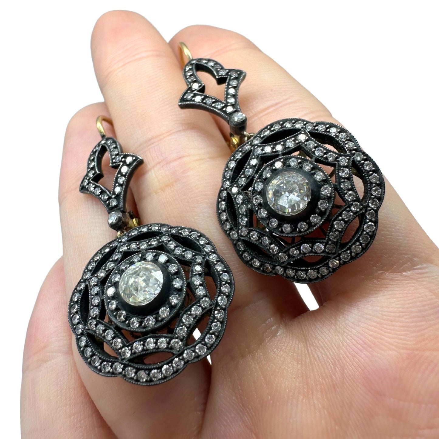 18K Yellow Gold and Silver Top Rose Cut Diamond Drop Earrings