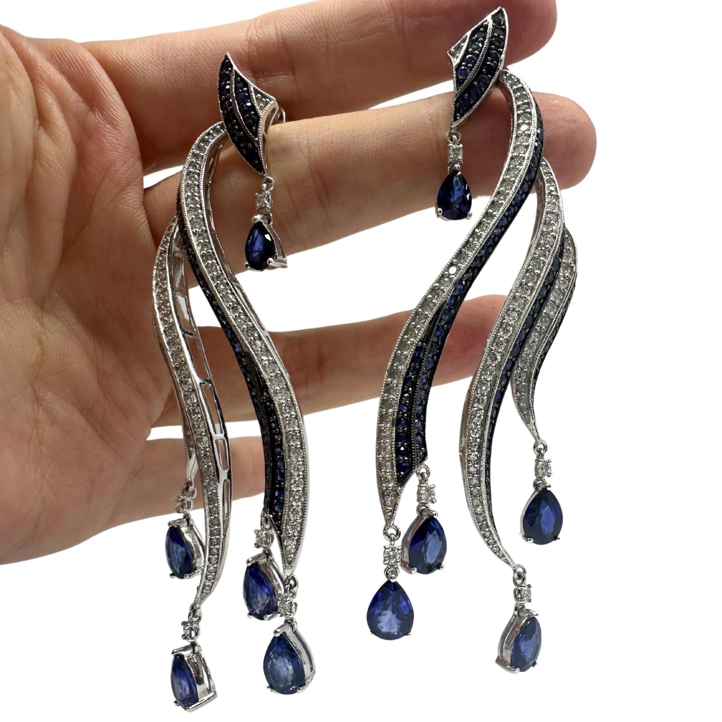 18K White Gold Diamond and Pear Cut Sapphire Flowing Casade Earrings