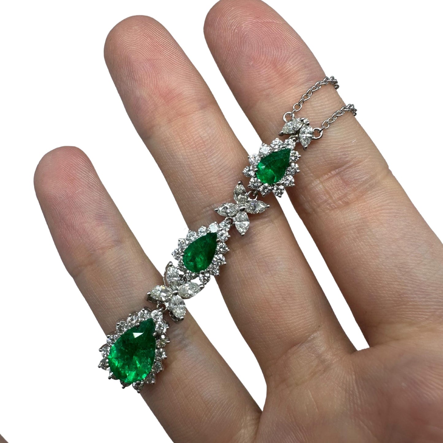 18K White Gold Marquise Cut Diamond and Pear Cut Emerald Necklace