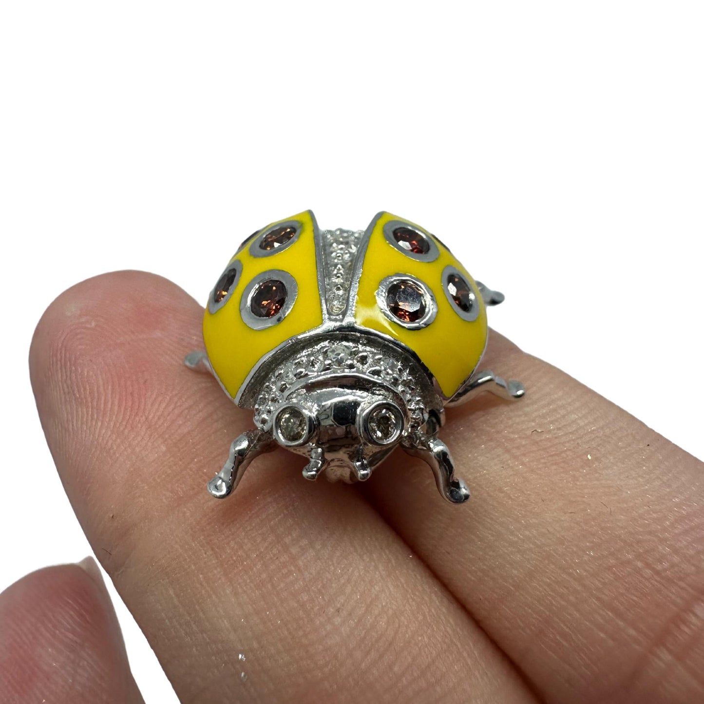 18K White Gold Brown and White Diamond Yellow Lady Bug Pendant
