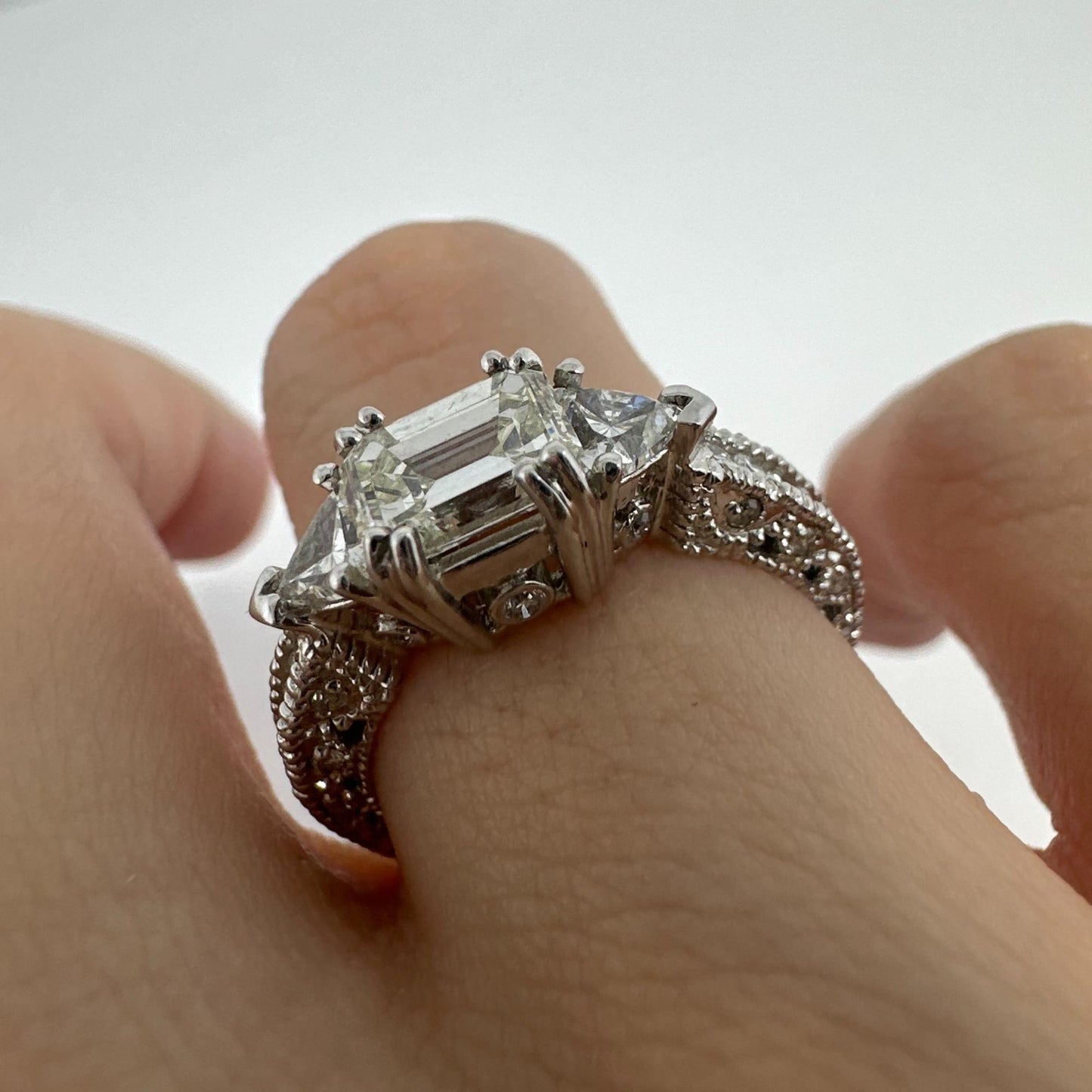 18K White Gold Trillion and Emerald Cut Diamond Ring