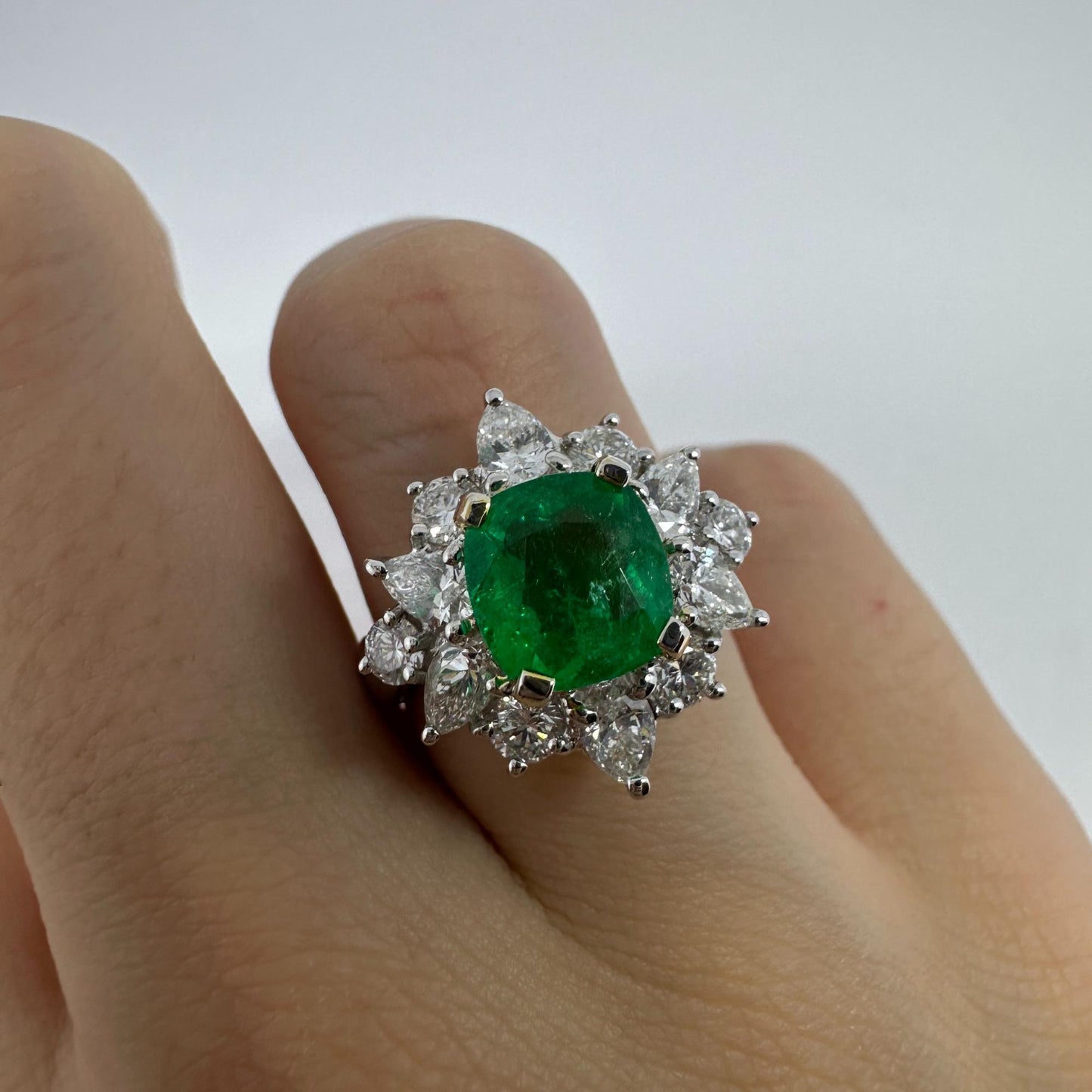 18K White Gold Pear Cut Diamond and Emerald Ring