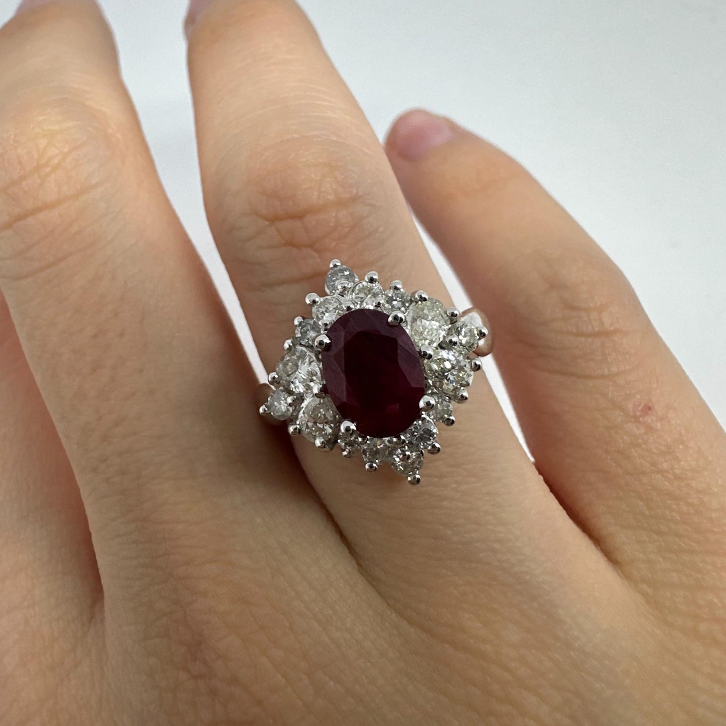 18K White Gold Pear Cut Diamond and Ruby Ring