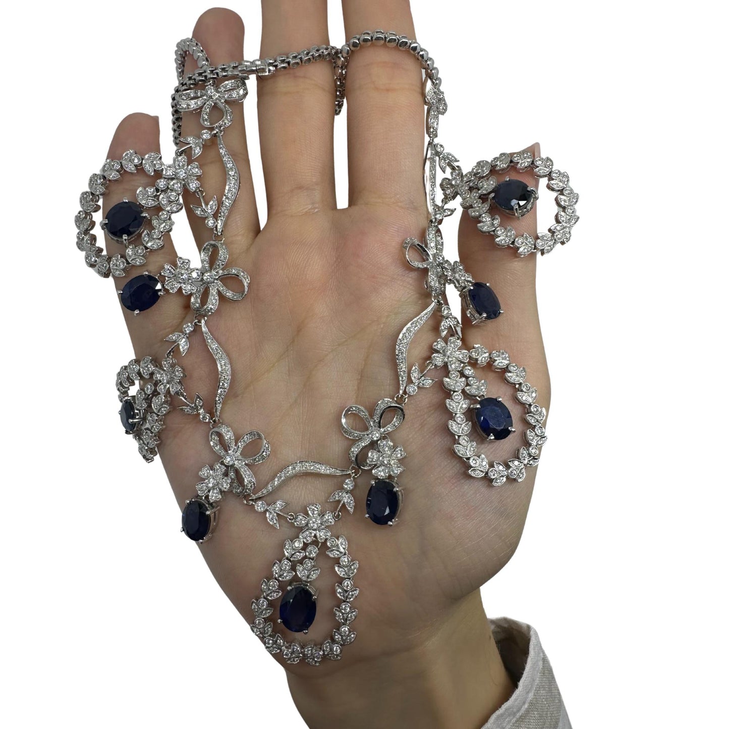 18K White Gold Diamond and Blue Sapphire Necklace