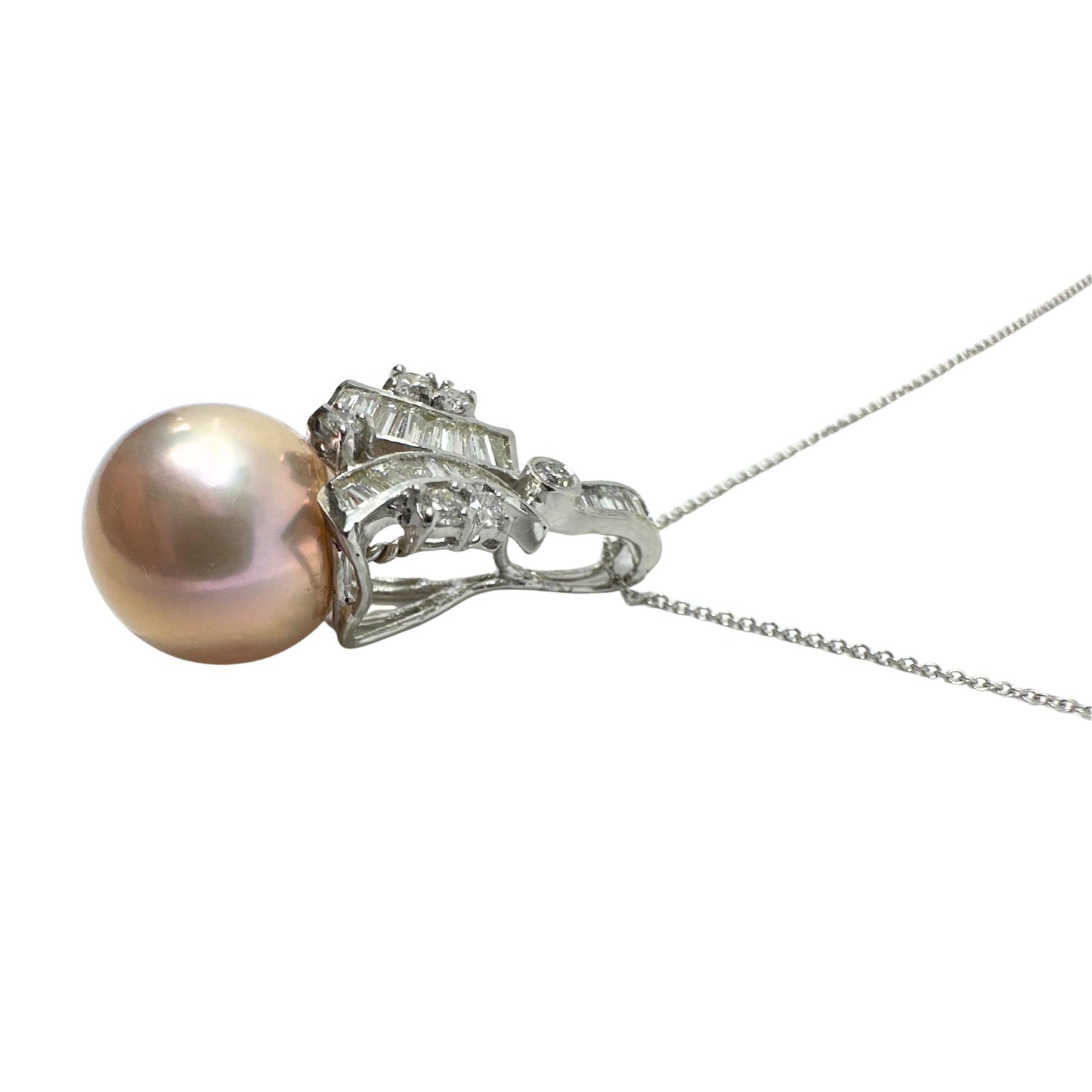18K White Gold .65ct Diamond and Pink Pearl Pendant Necklace