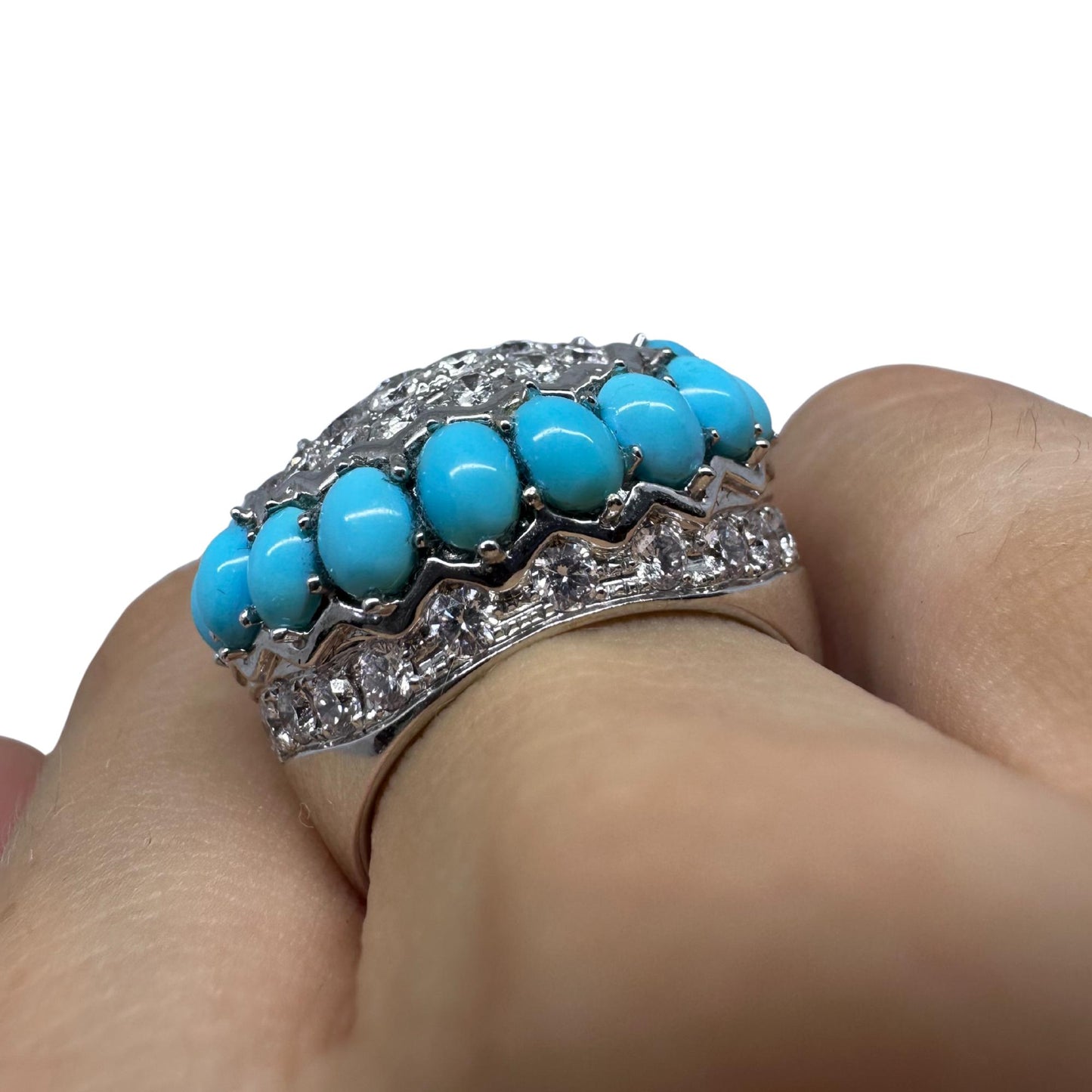 18K White Gold Diamond and Turquoise Cluster Ring