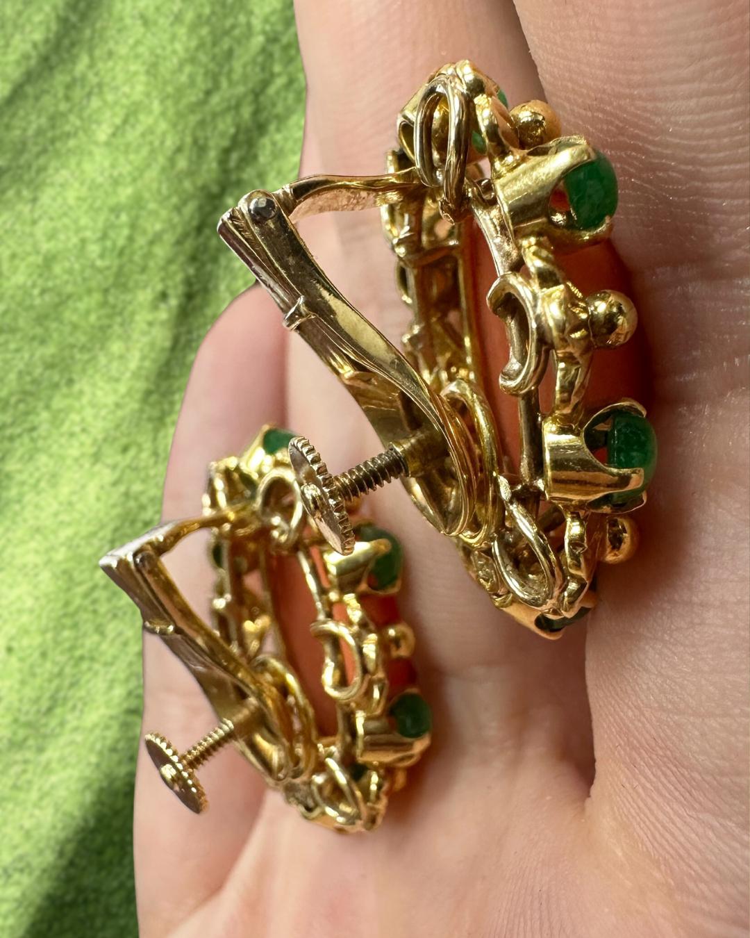 18k Yellow Gold Cabochon Coral and Emerald Earrings