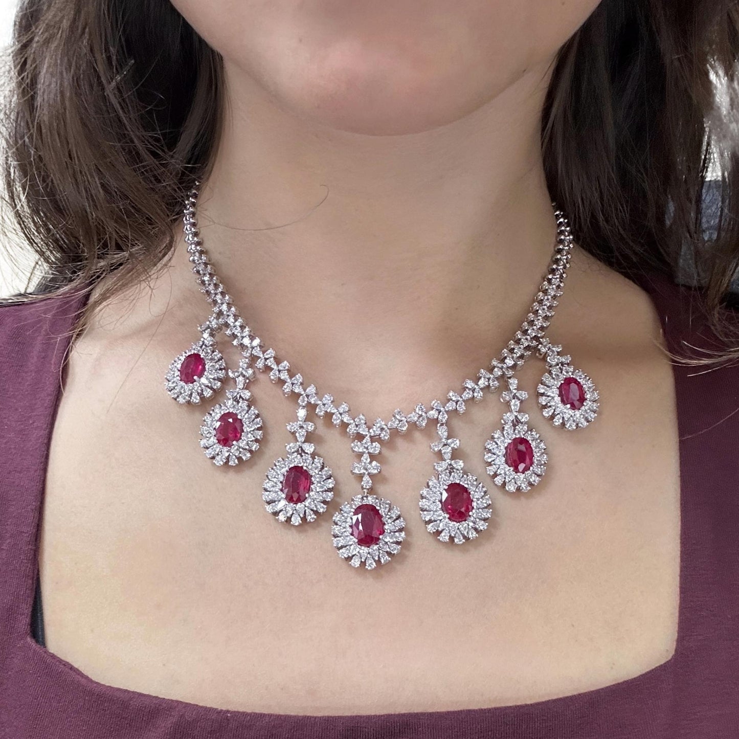 18K White Gold Pear Cut Diamond and African Ruby Necklace
