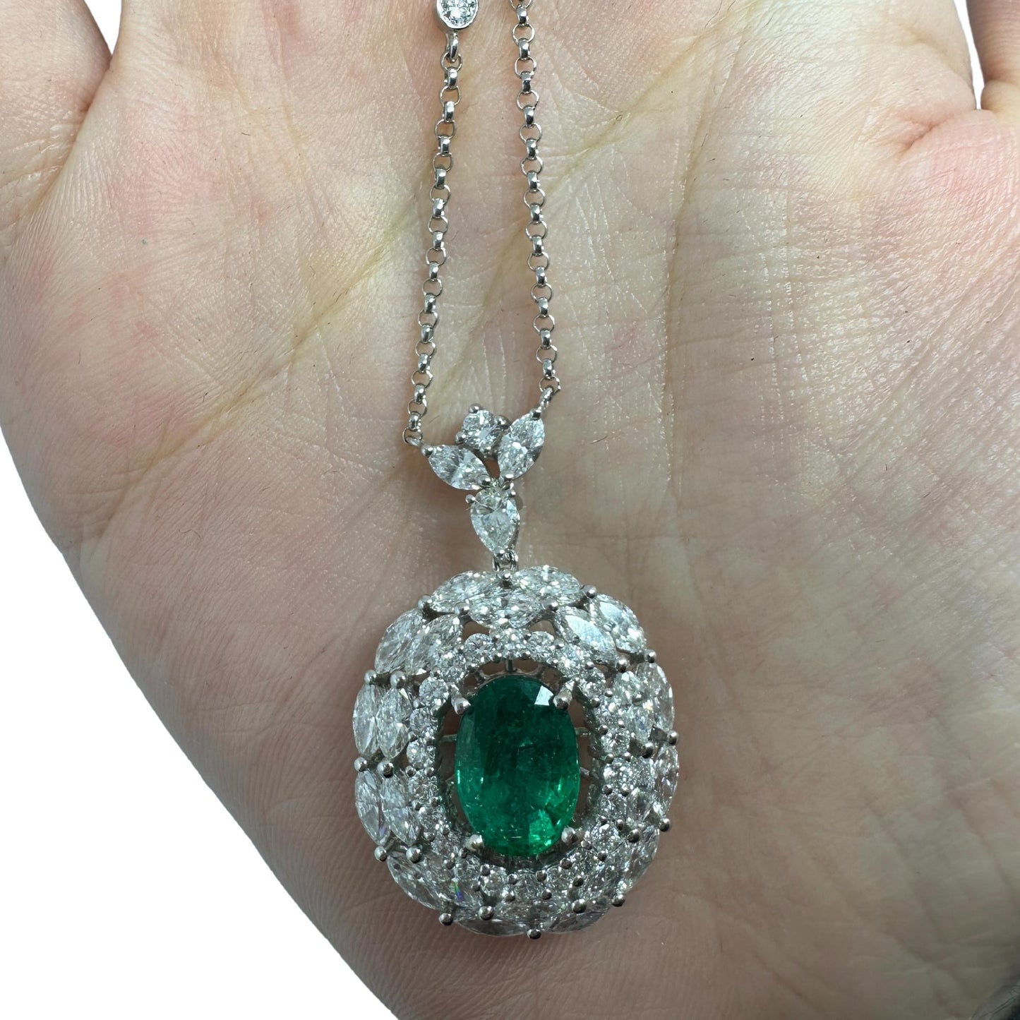 18K White Gold Marquise Cut Diamond and Oval Emerald Necklace