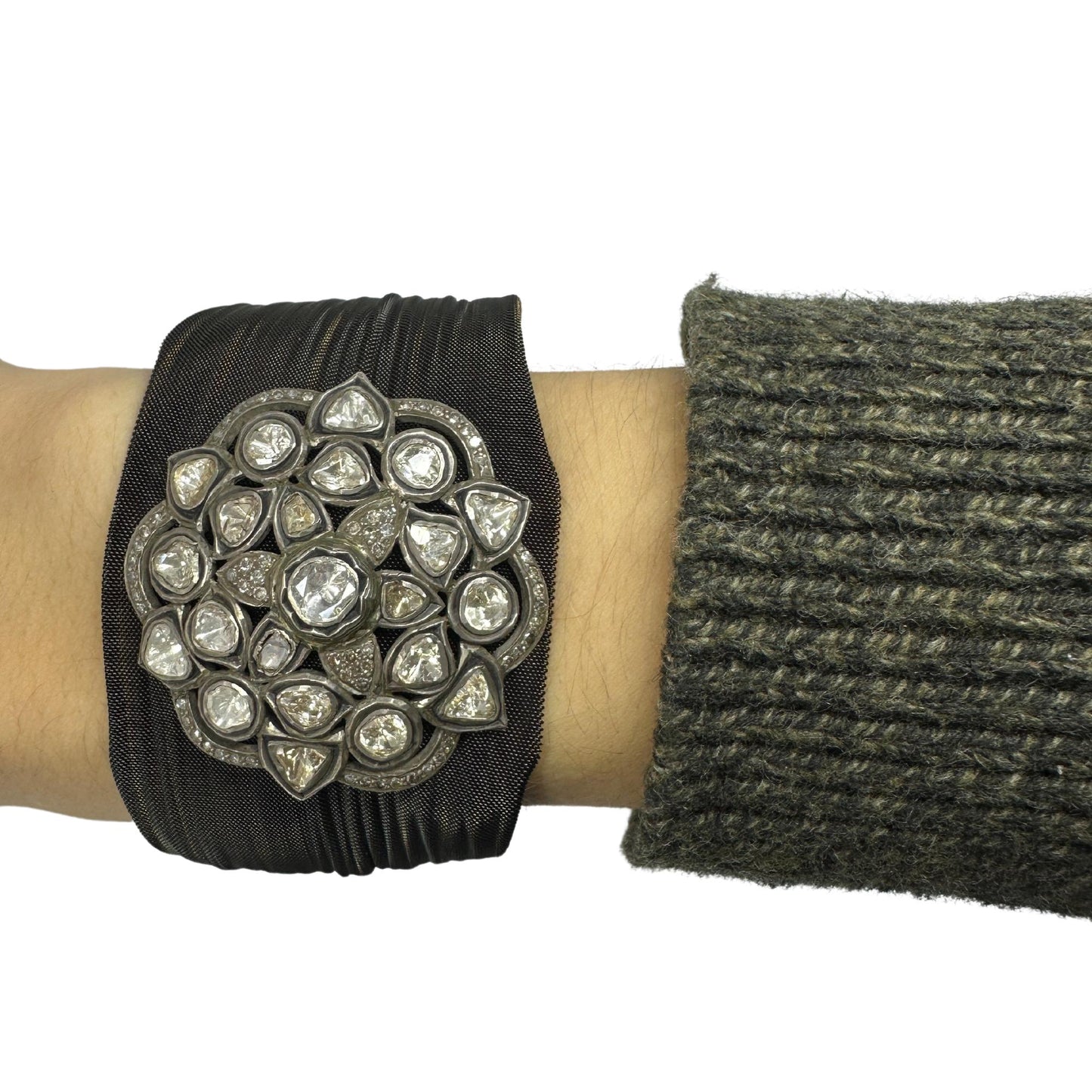 14K, Silver and Blackened Steel Mesh Rose Cut Diamond Bracelet