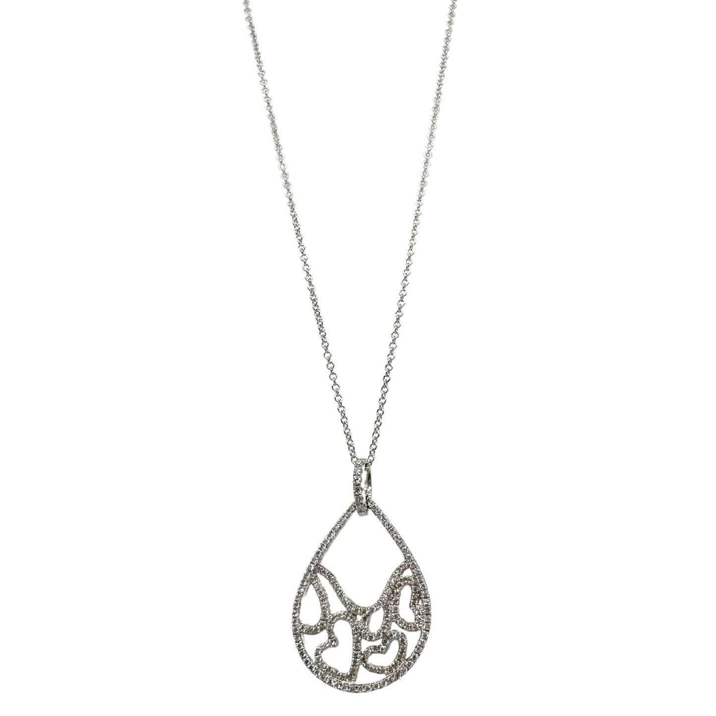 18K White Gold Diamond Pearl Tear Drop Heart Pendant Necklace