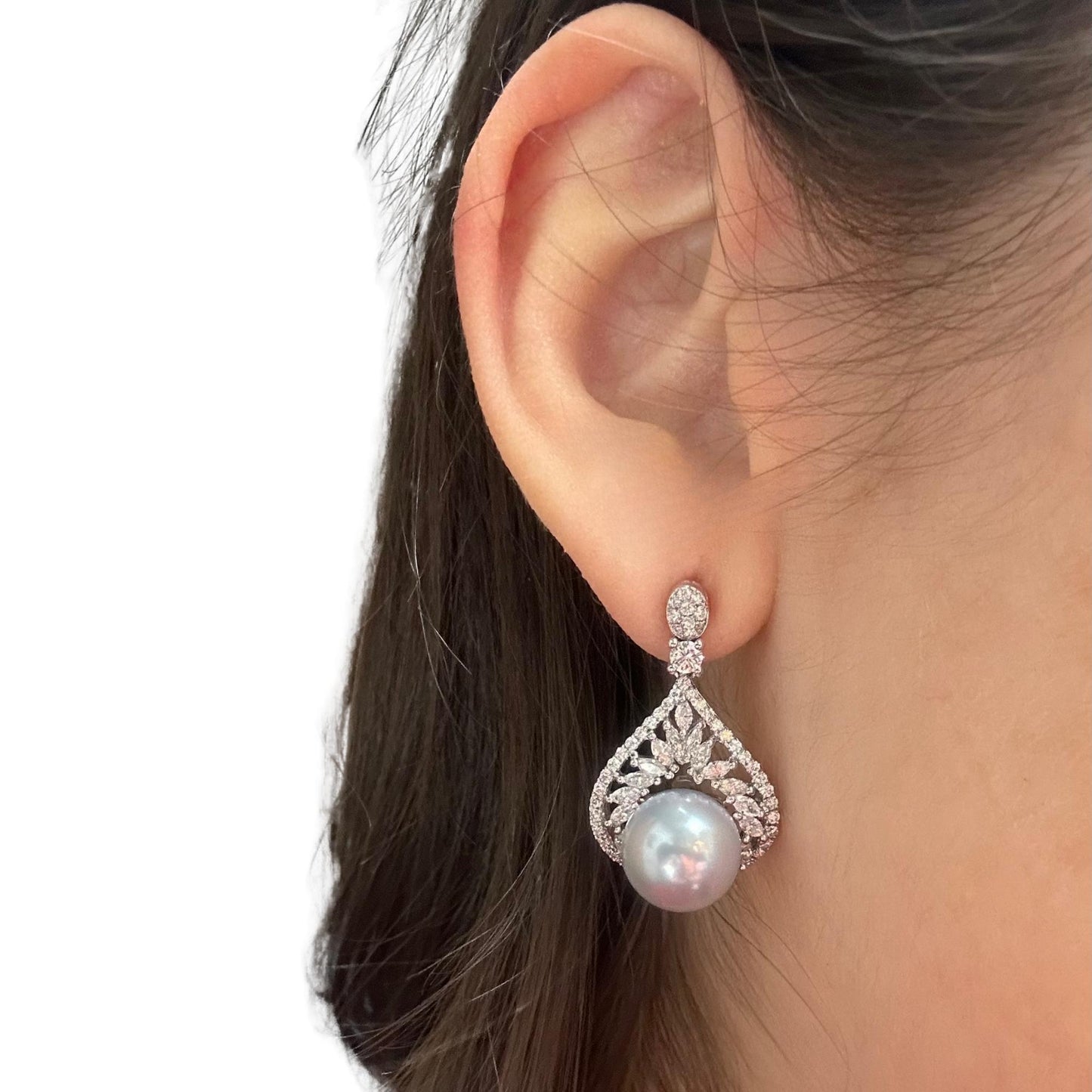 18K White Gold Marquise Cut Diamond and Pearl Earrings