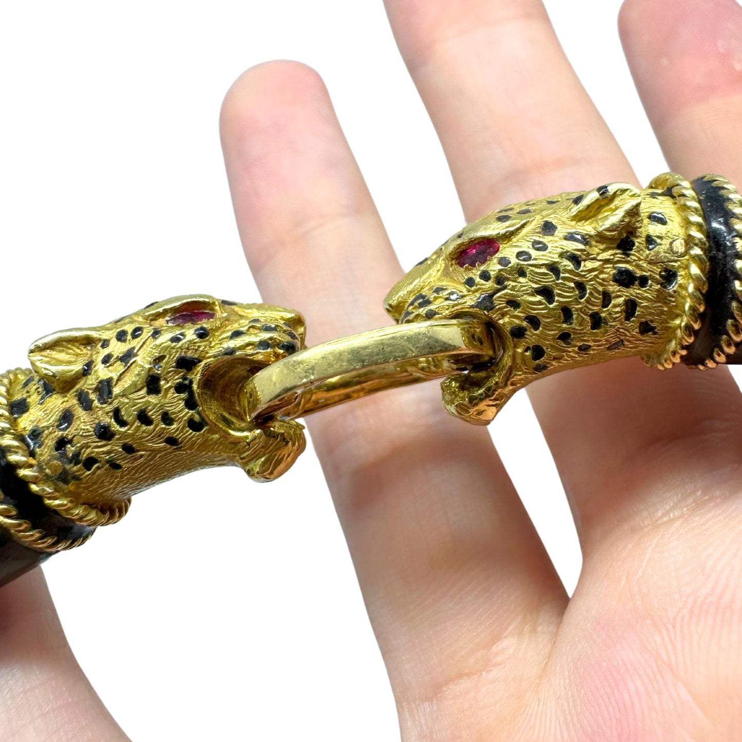 1960's French 18K Yellow Gold, Wood, Enamel, Ruby and Diamond Leopard Necklace
