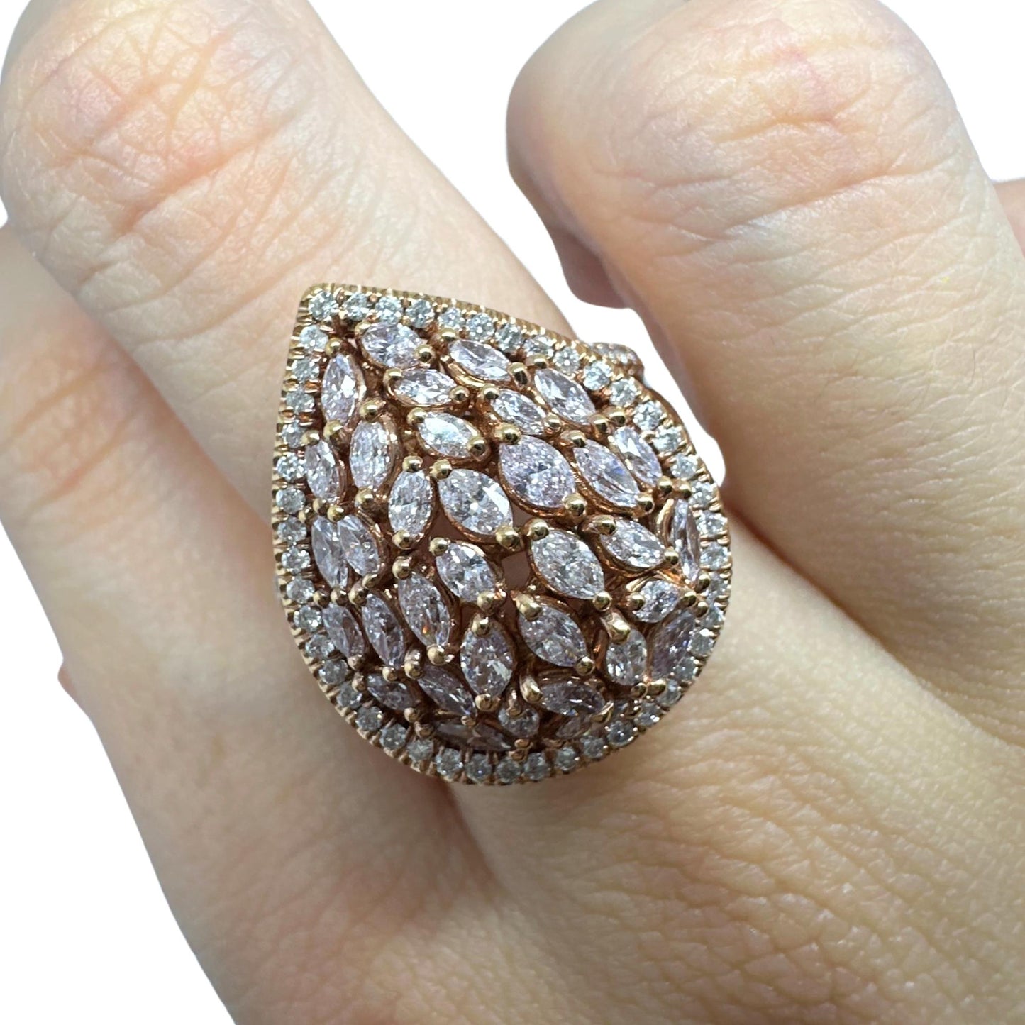 18K Rose Gold Marquise Cut Pink and White Diamond Tear Drop Dome Ring