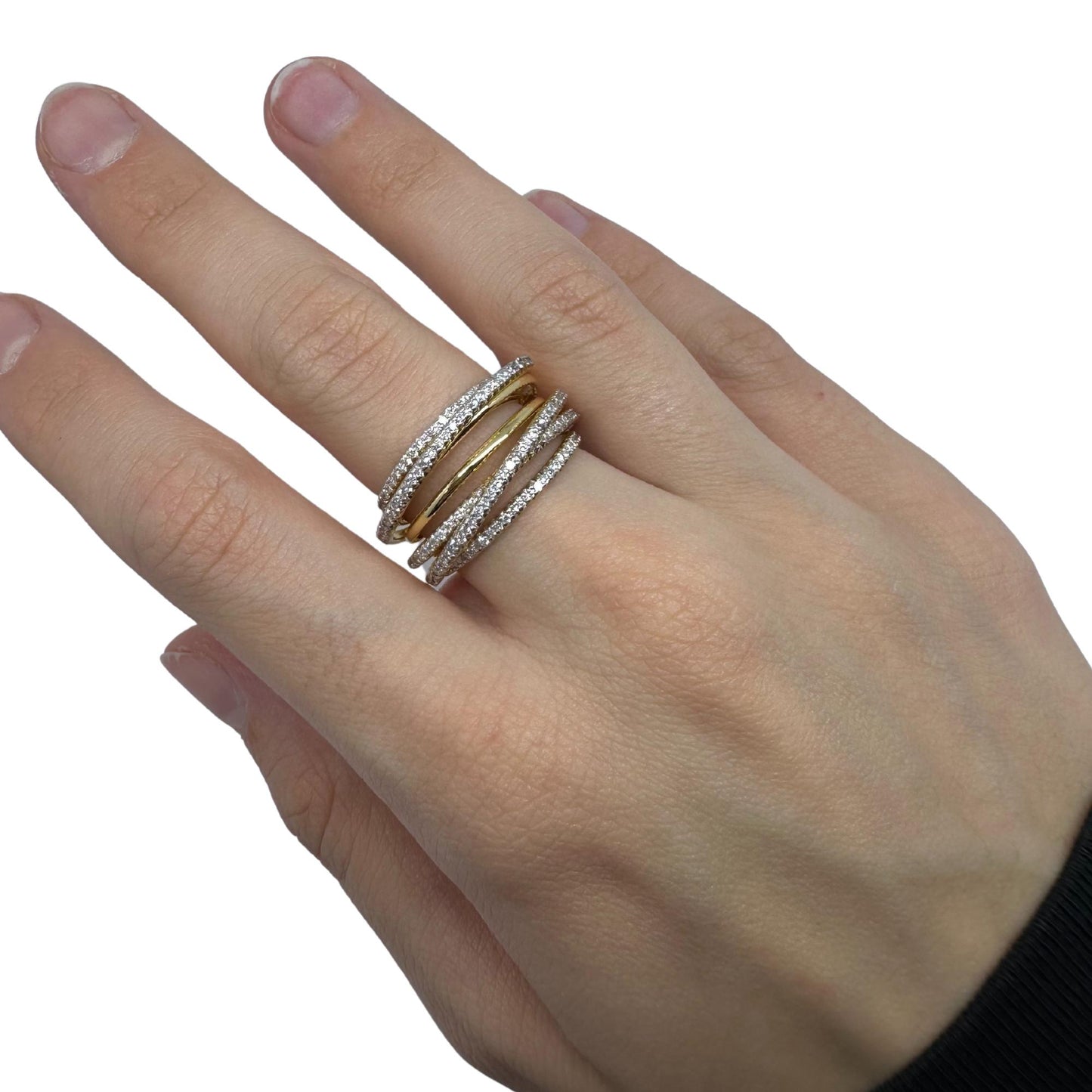 18K Yellow Gold Diamond Crossover Wide Band Ring