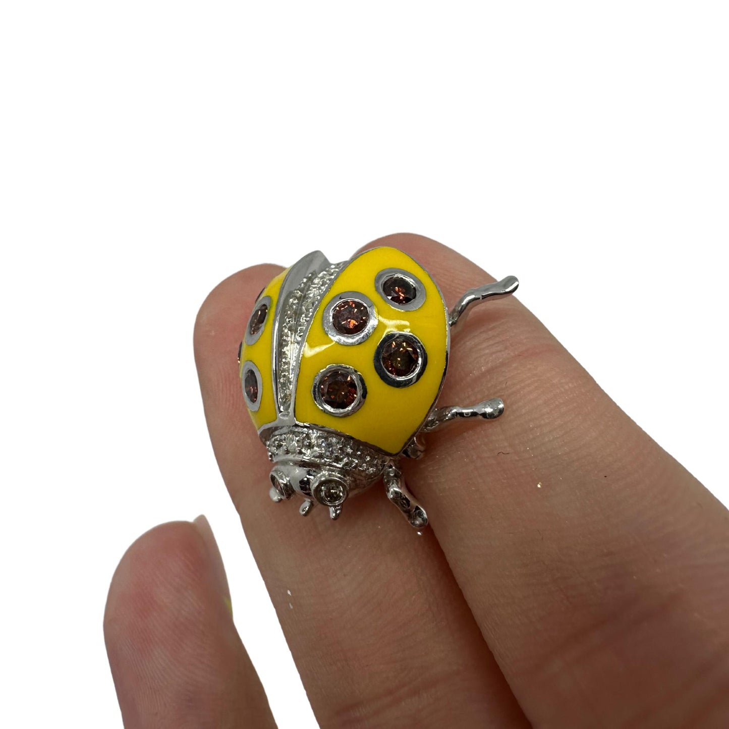 18K White Gold Brown and White Diamond Yellow Lady Bug Pendant