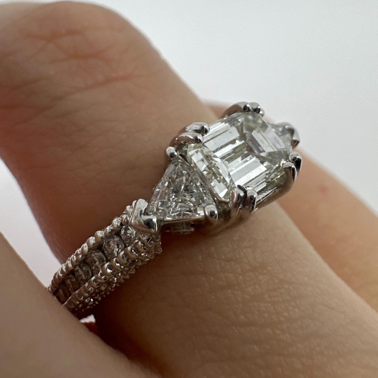 18K White Gold Trillion and Emerald Cut Diamond Ring
