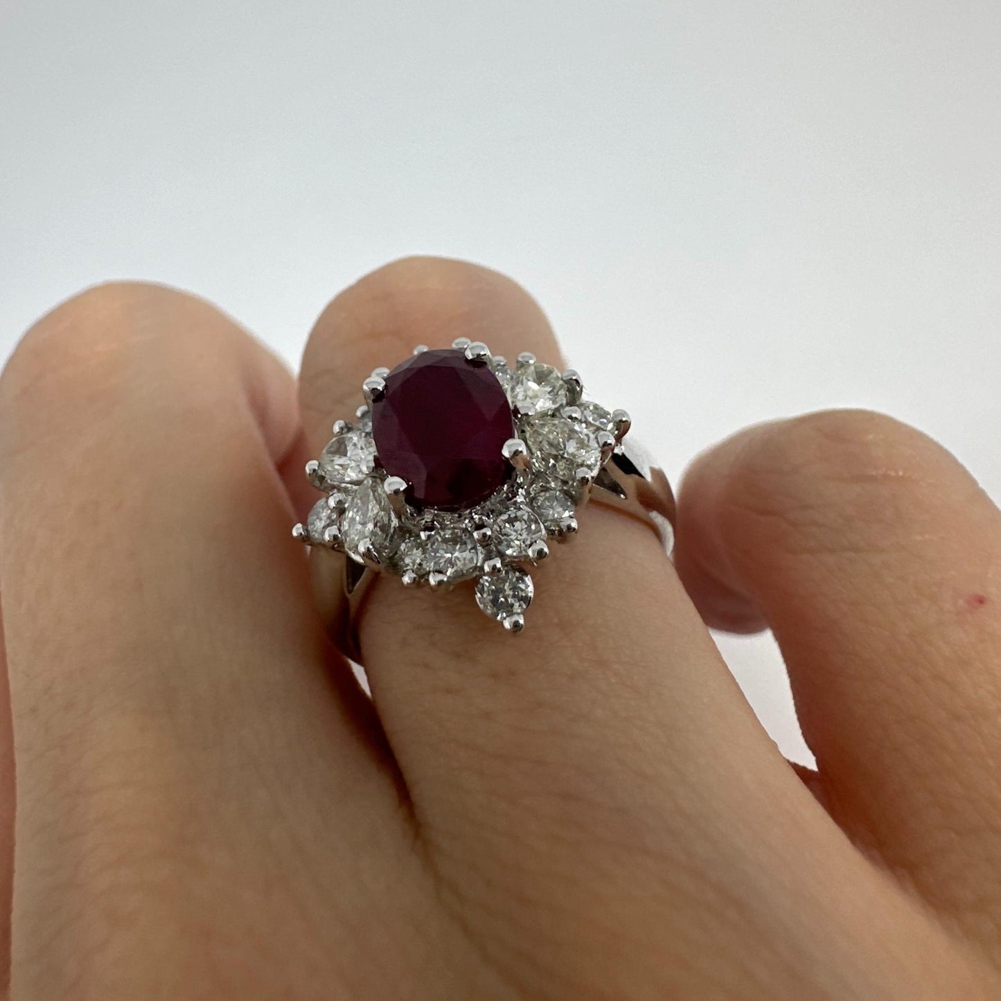 18K White Gold Pear Cut Diamond and Ruby Ring