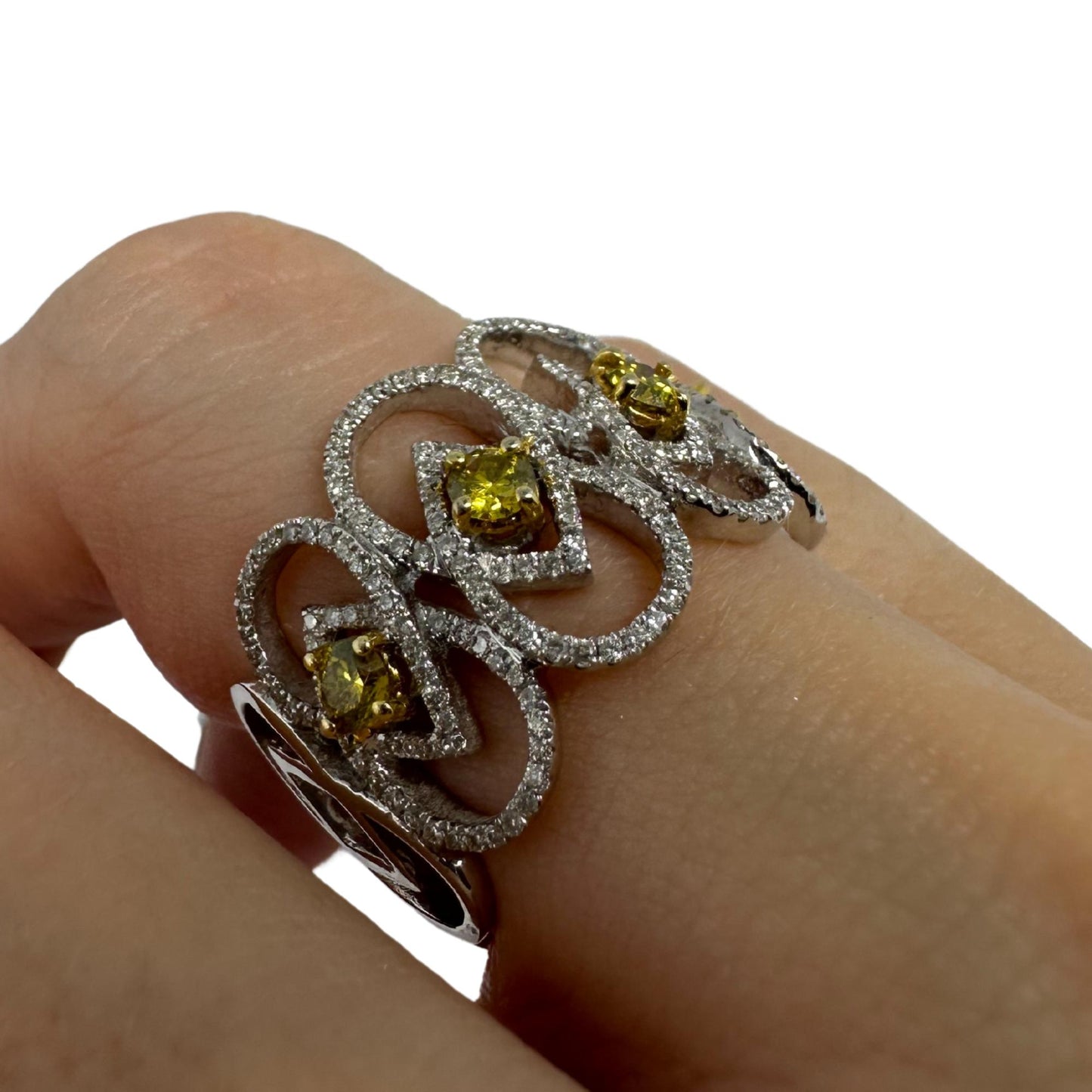18K White Gold White and Yellow Diamond Wide Band Ring