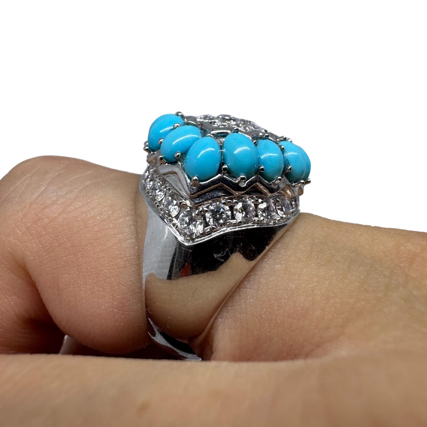 18K White Gold Diamond and Turquoise Cluster Ring
