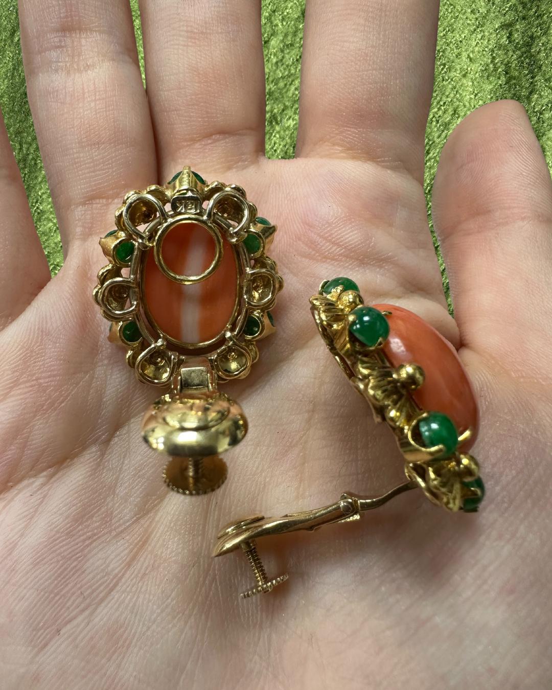 18k Yellow Gold Cabochon Coral and Emerald Earrings