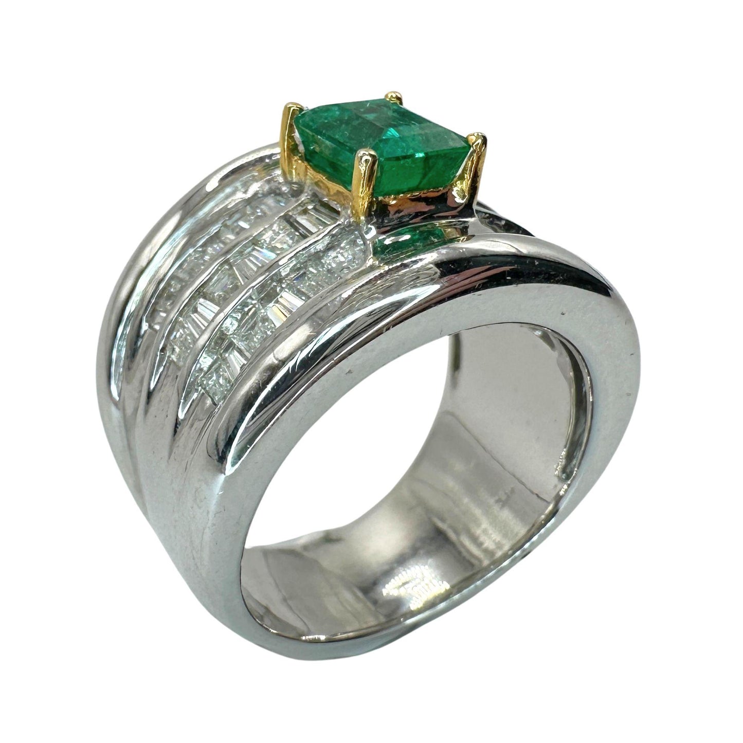18k Diamond and Emerald Wide Band Ring