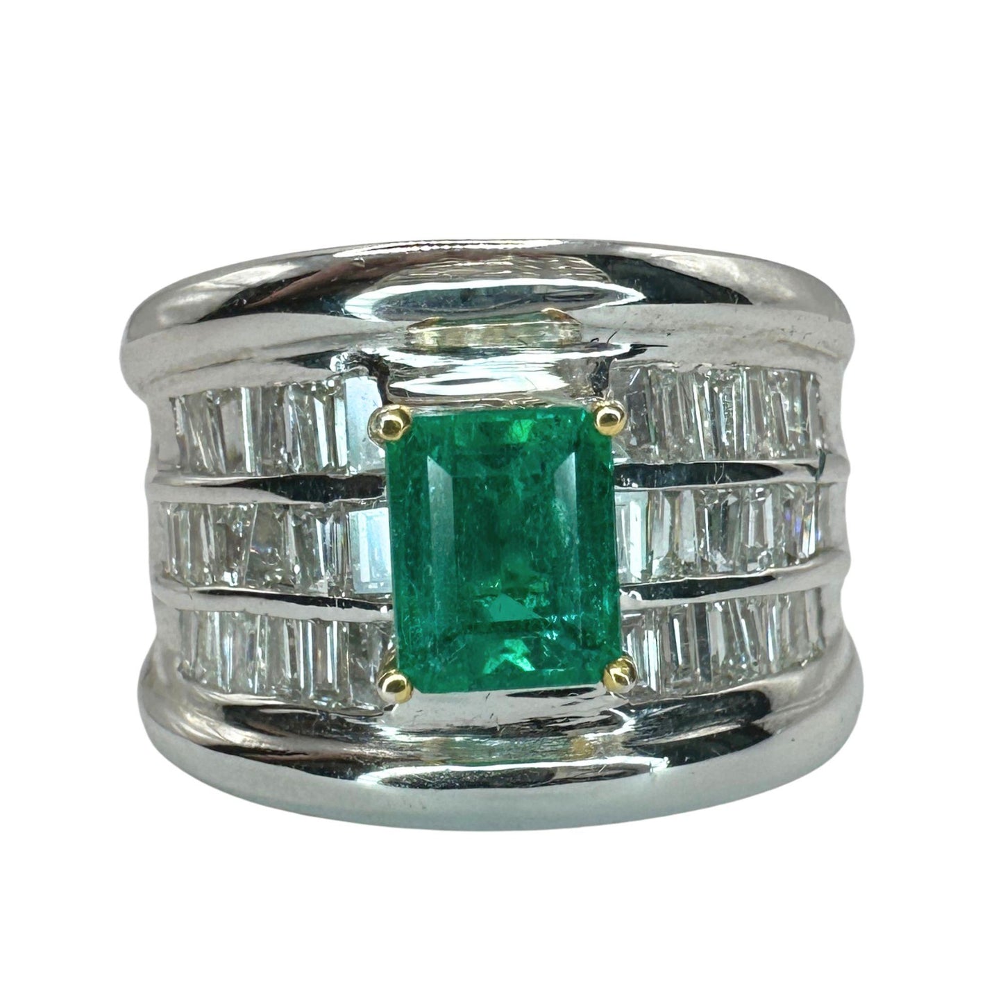 18k Diamond and Emerald Wide Band Ring