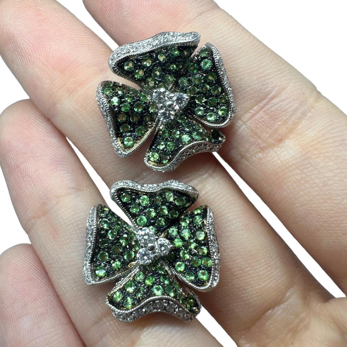 18K Diamond and Green Garnet Flower Earrings