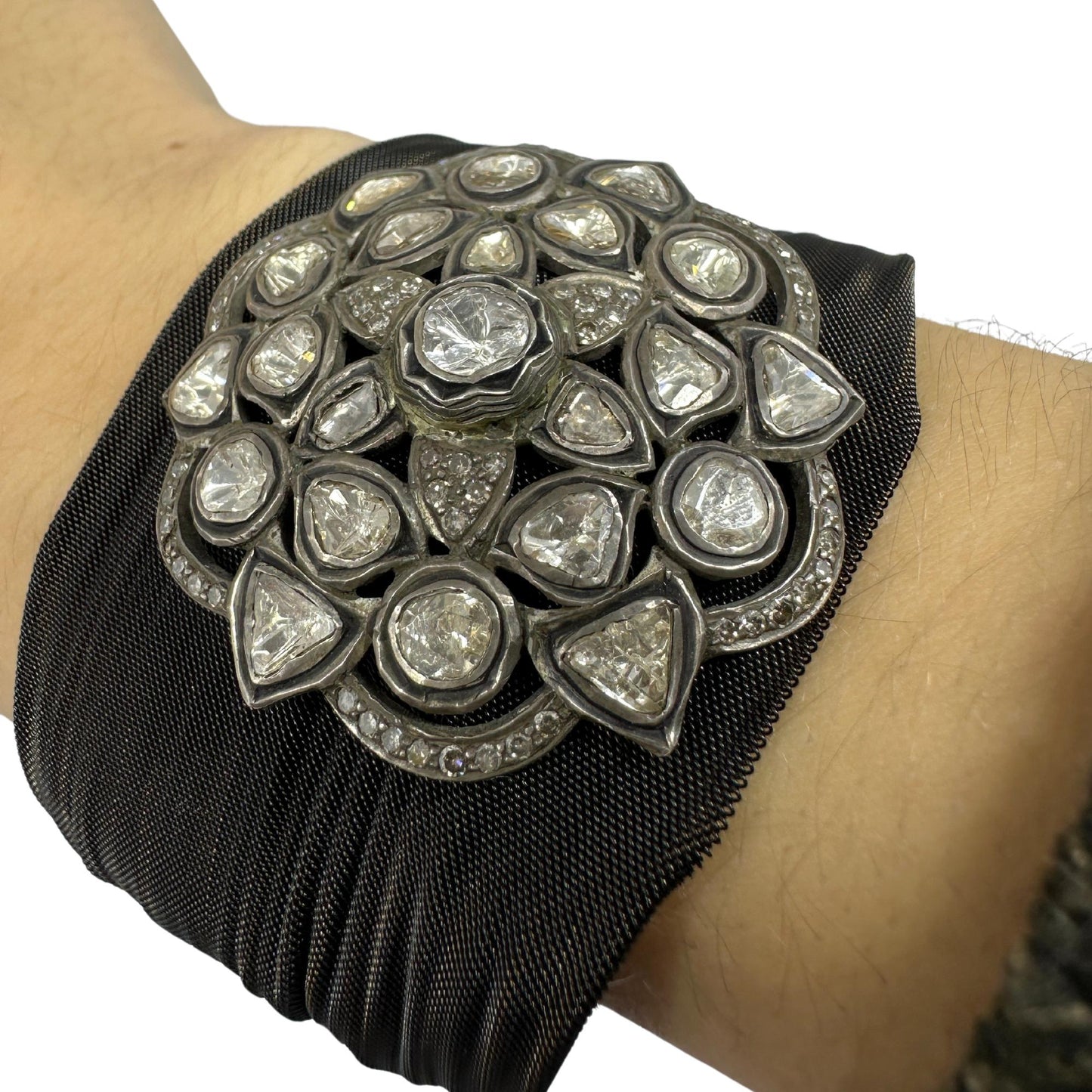 14K, Silver and Blackened Steel Mesh Rose Cut Diamond Bracelet