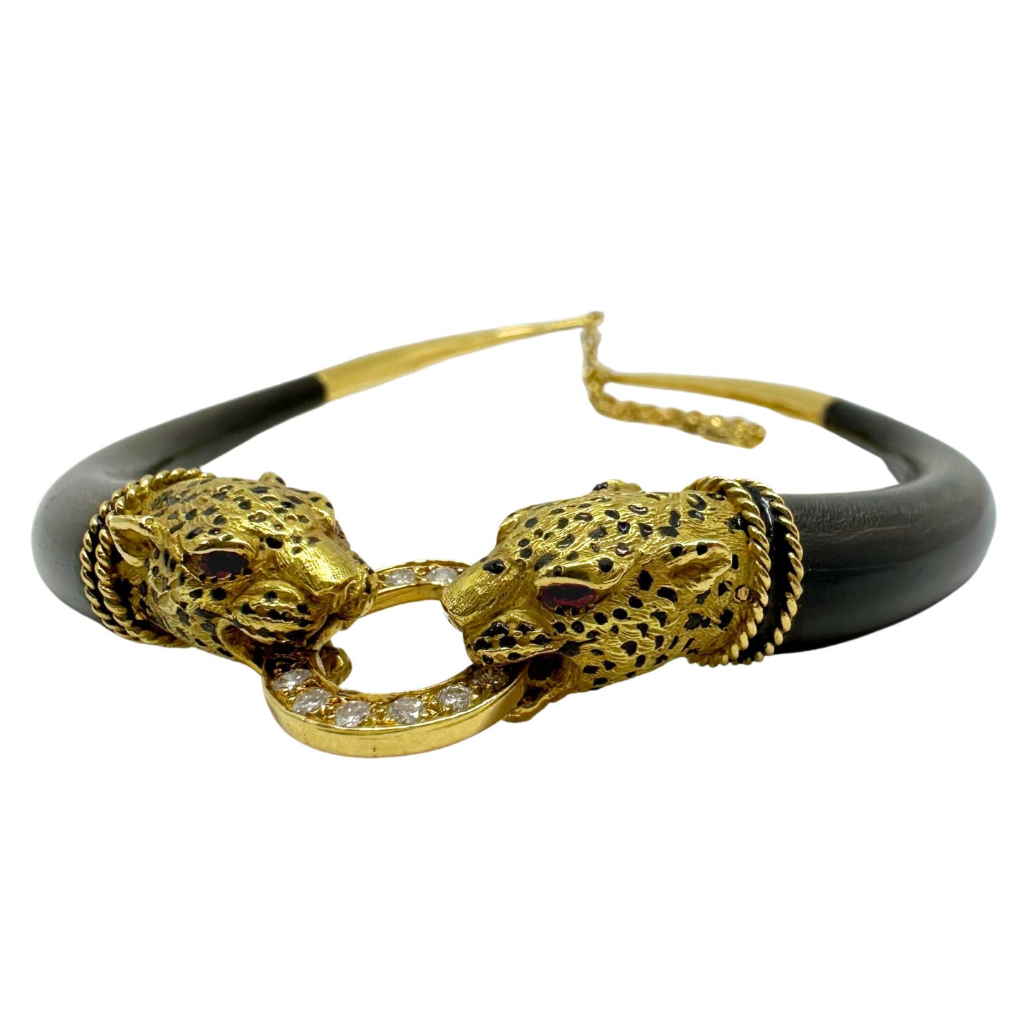 1960's French 18K Yellow Gold, Wood, Enamel, Ruby and Diamond Leopard Necklace
