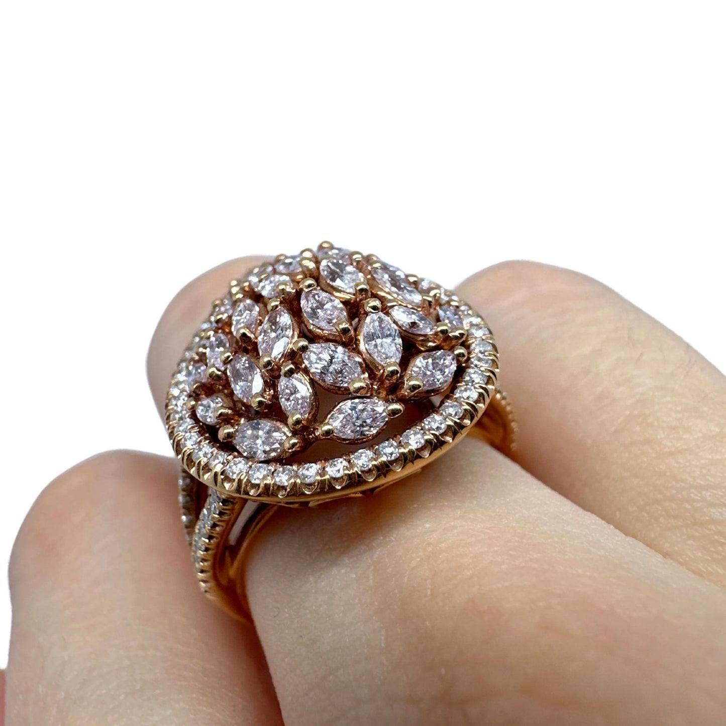 18K Rose Gold Marquise Cut Pink and White Diamond Tear Drop Dome Ring