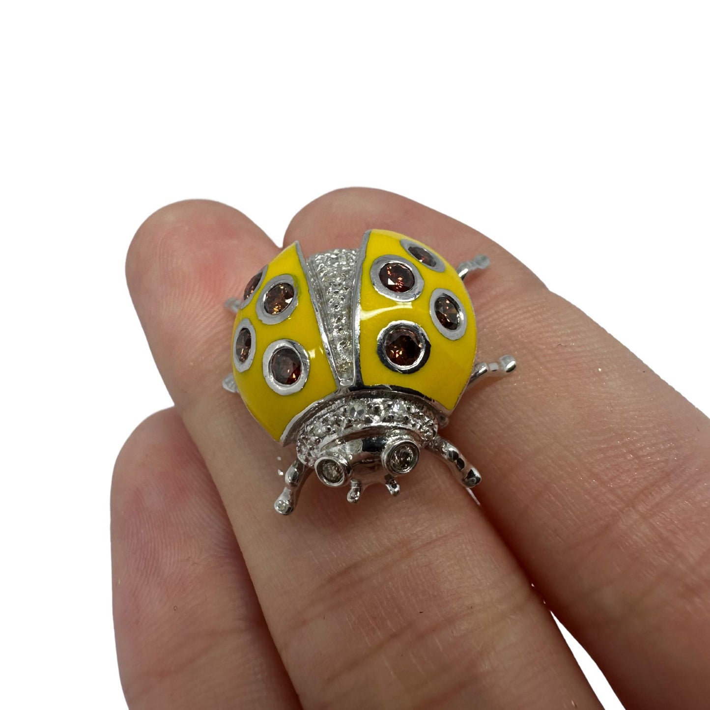 18K White Gold Brown and White Diamond Yellow Lady Bug Pendant