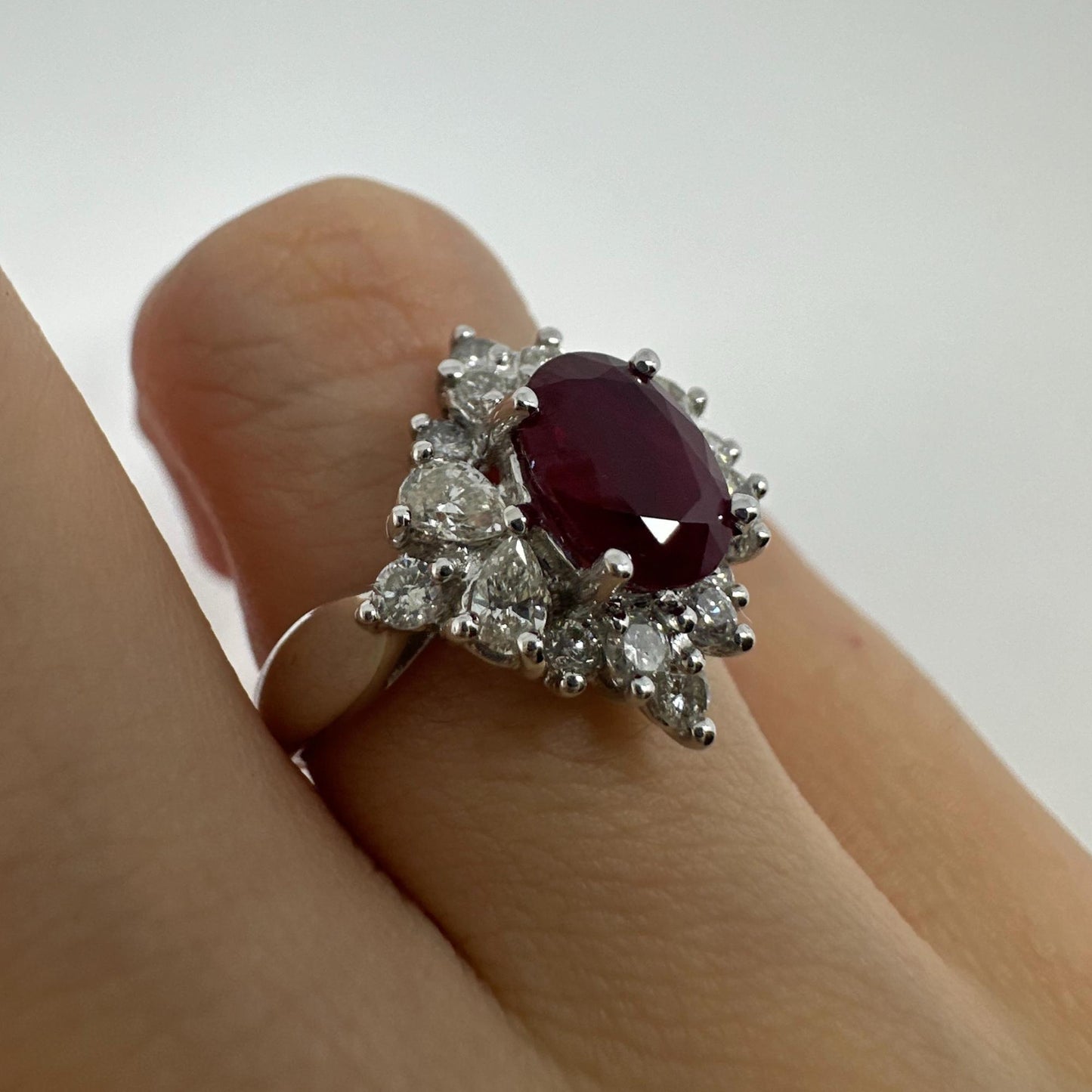 18K White Gold Pear Cut Diamond and Ruby Ring