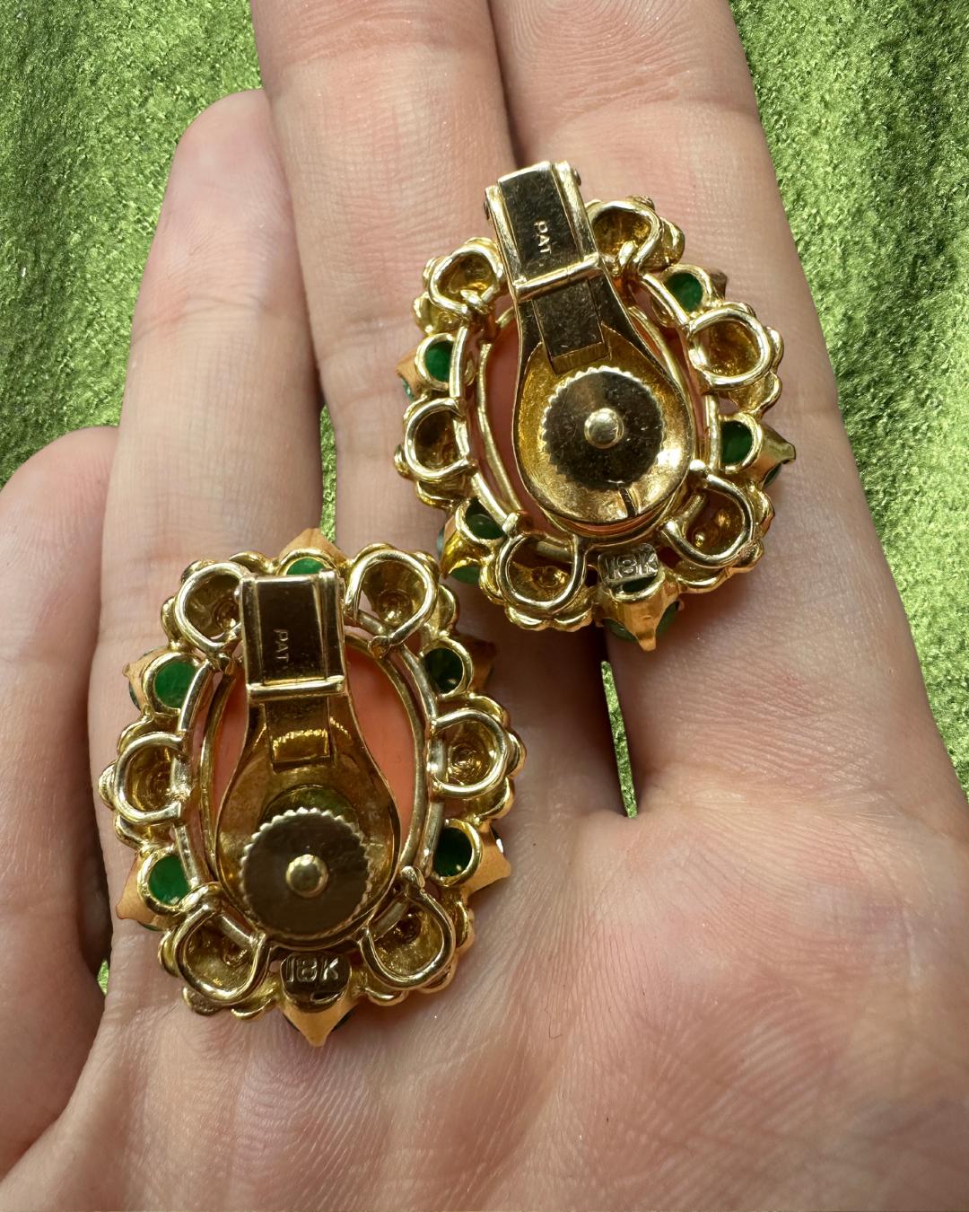 18k Yellow Gold Cabochon Coral and Emerald Earrings