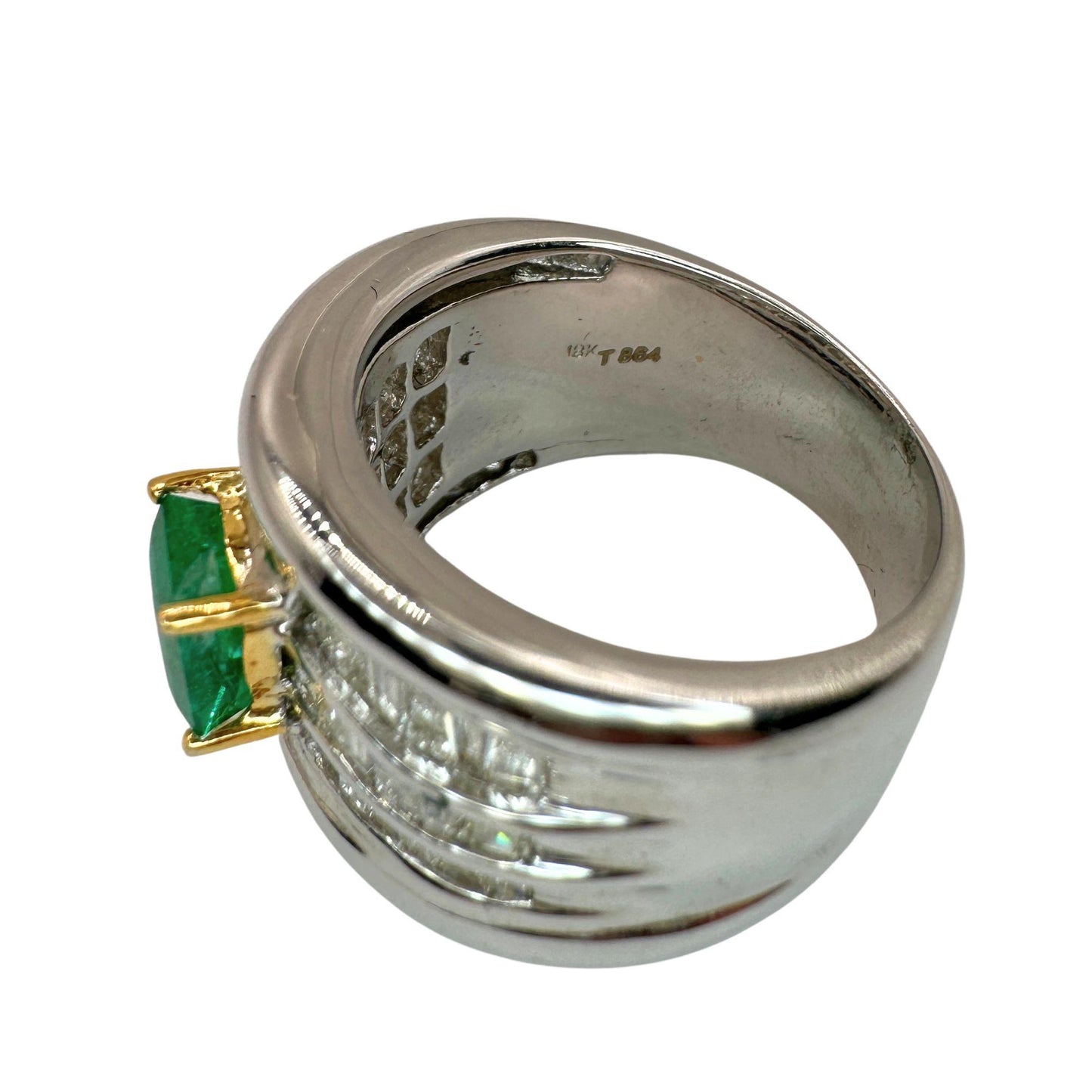 18k Diamond and Emerald Wide Band Ring