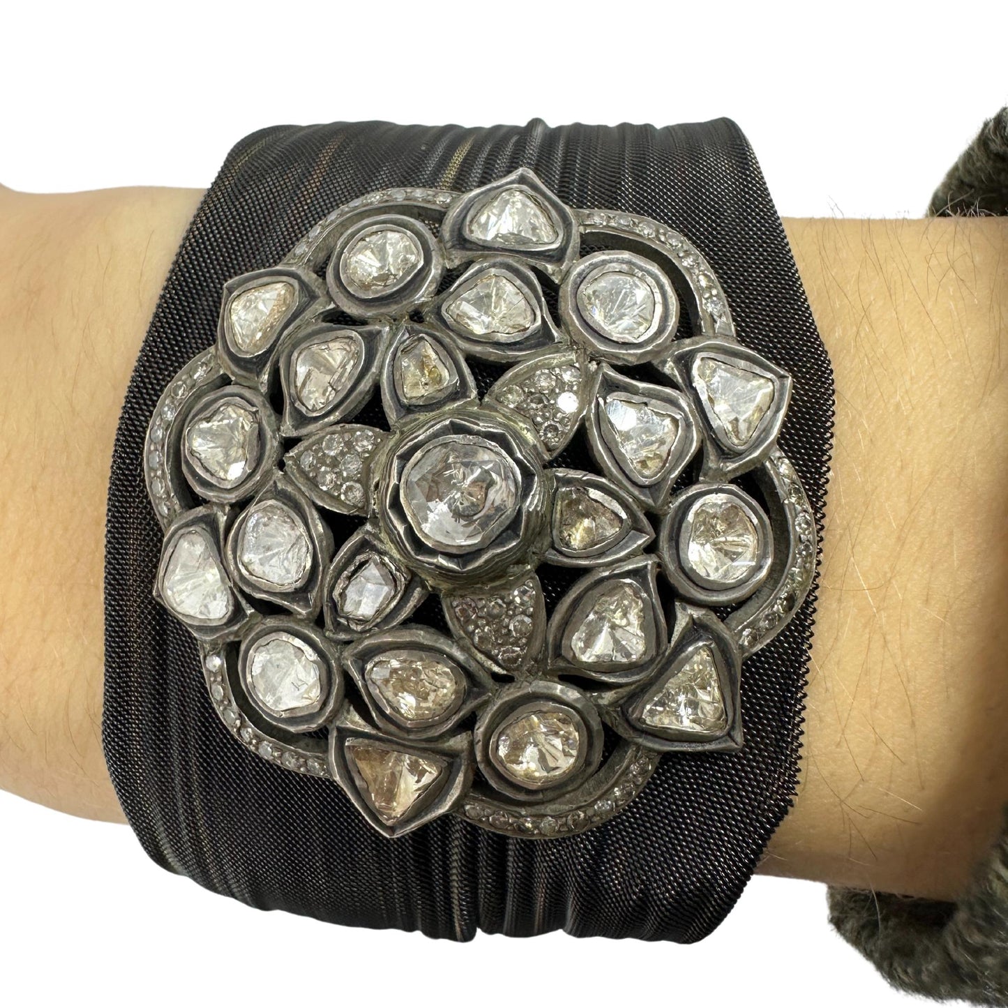 14K, Silver and Blackened Steel Mesh Rose Cut Diamond Bracelet