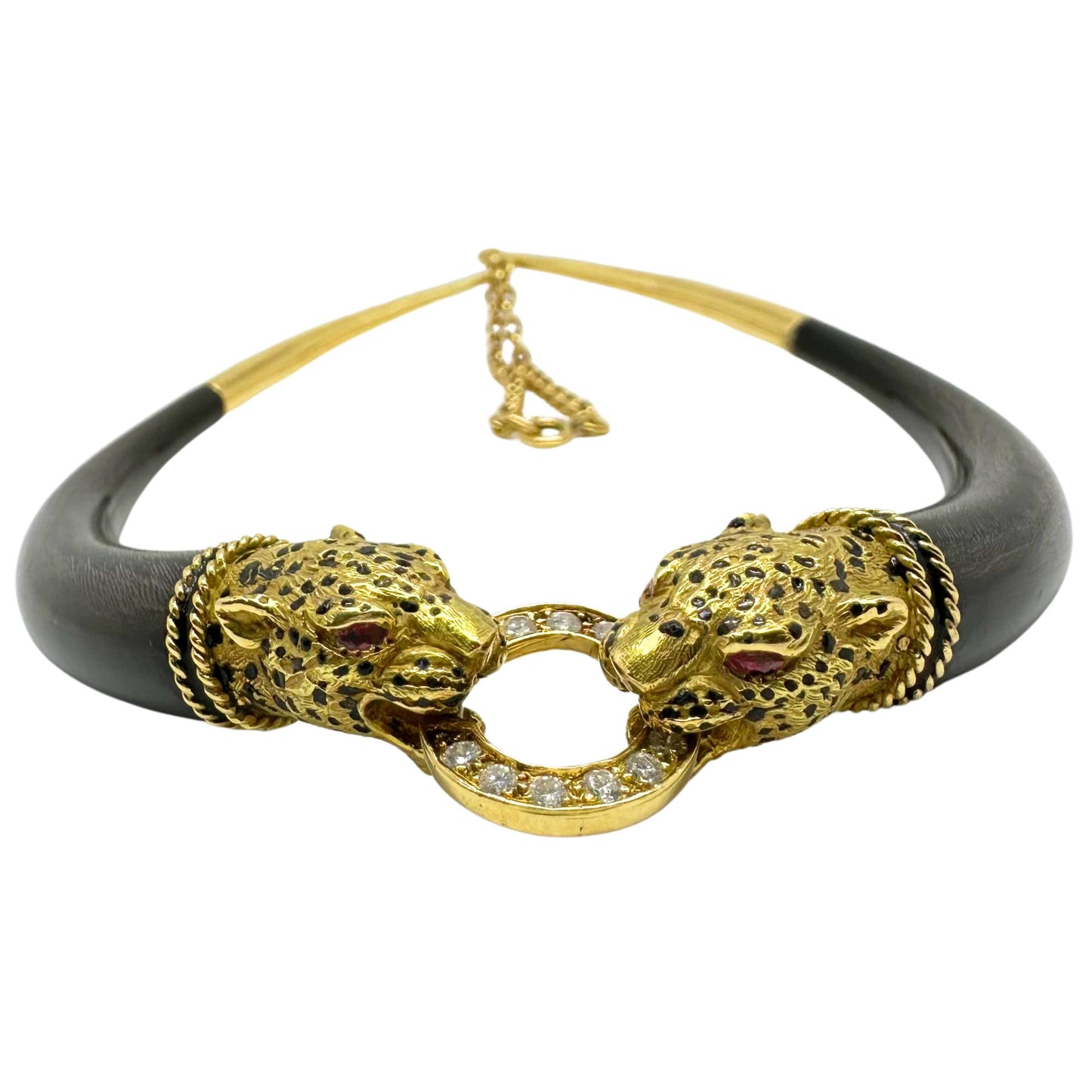 1960's French 18K Yellow Gold, Wood, Enamel, Ruby and Diamond Leopard Necklace