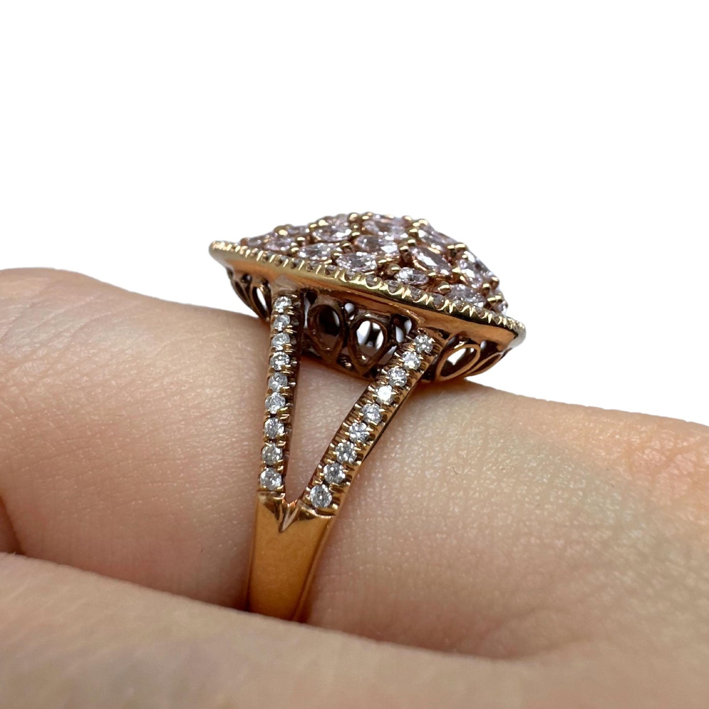 18K Rose Gold Marquise Cut Pink and White Diamond Tear Drop Dome Ring