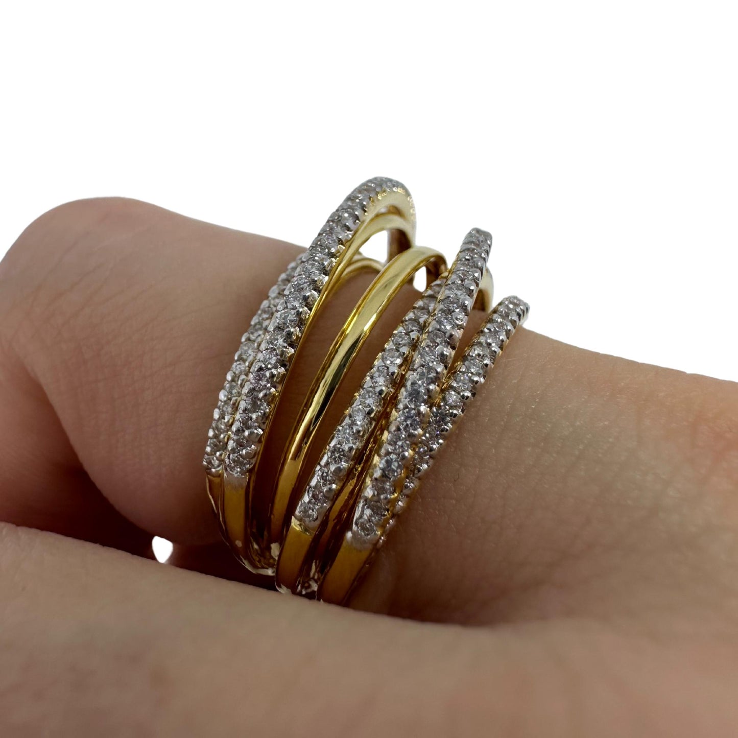 18K Yellow Gold Diamond Crossover Wide Band Ring
