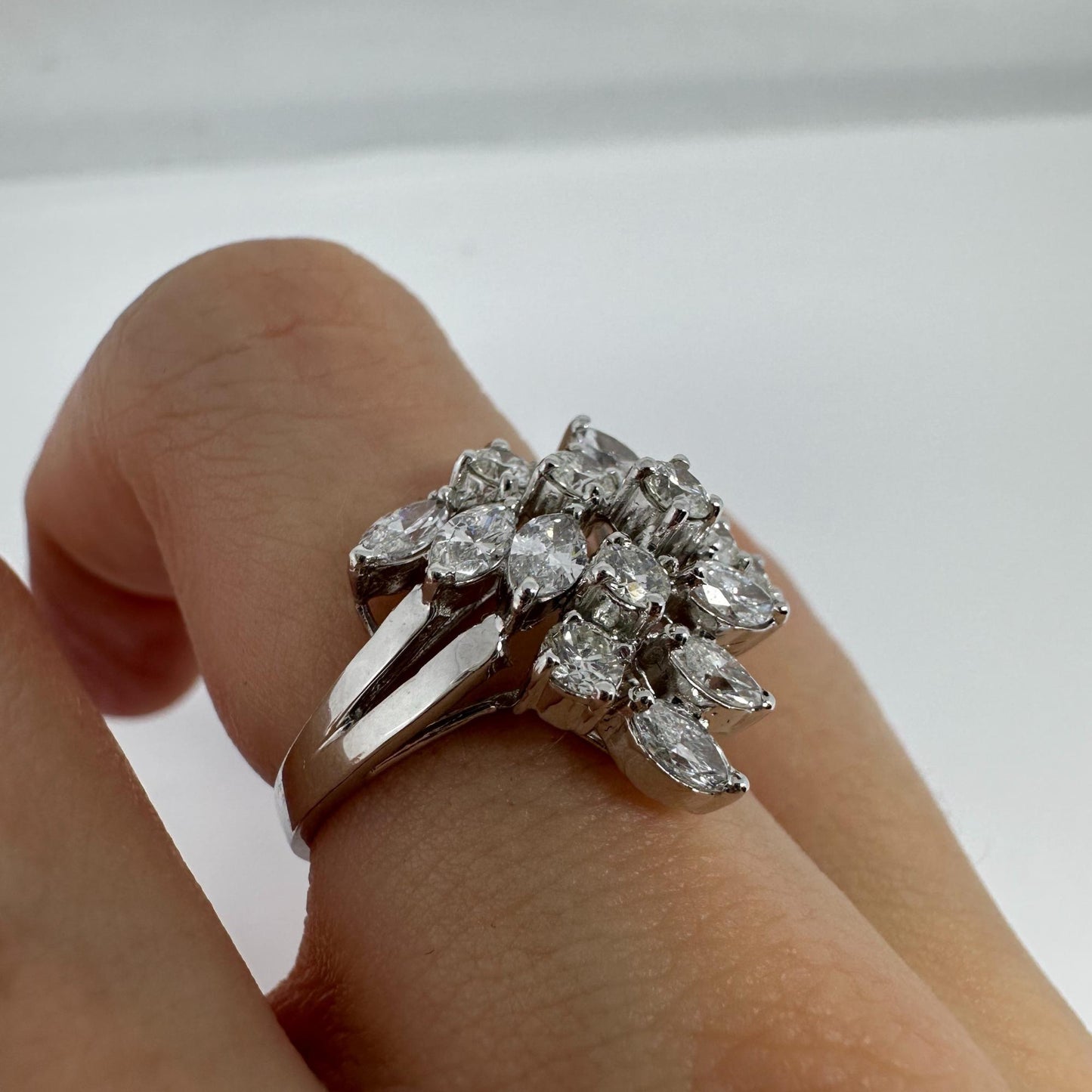 18K White Gold Marquise Cut Diamond Cluster Ring