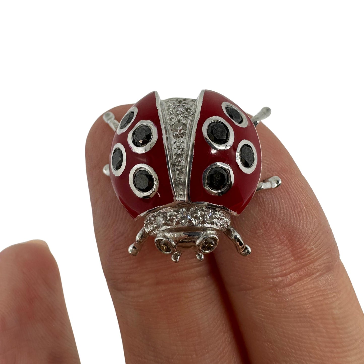 18K White Gold Black and White Diamond Red Lady Bug Pendant