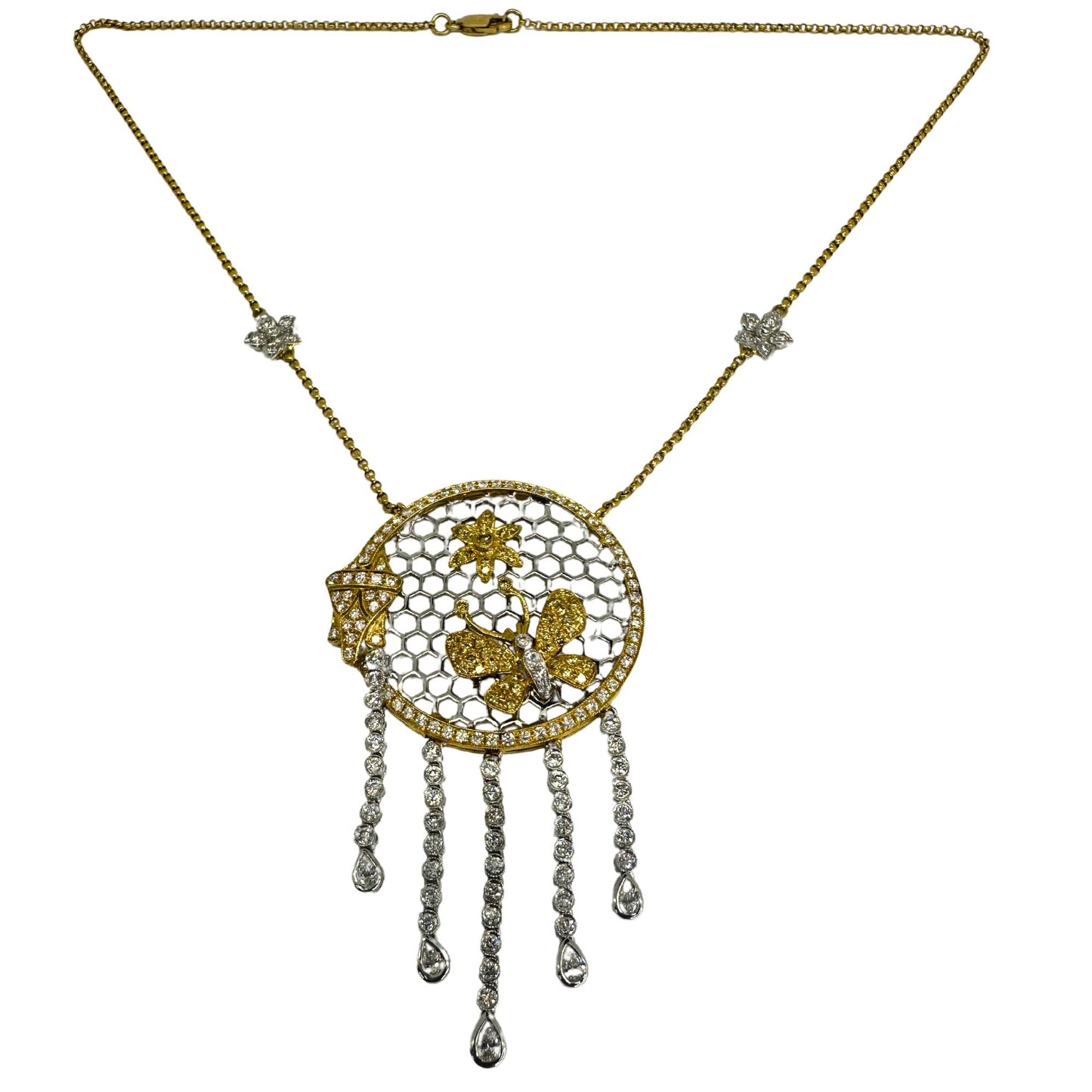 18k White and Yellow Diamond Butterfly and Flower Necklace