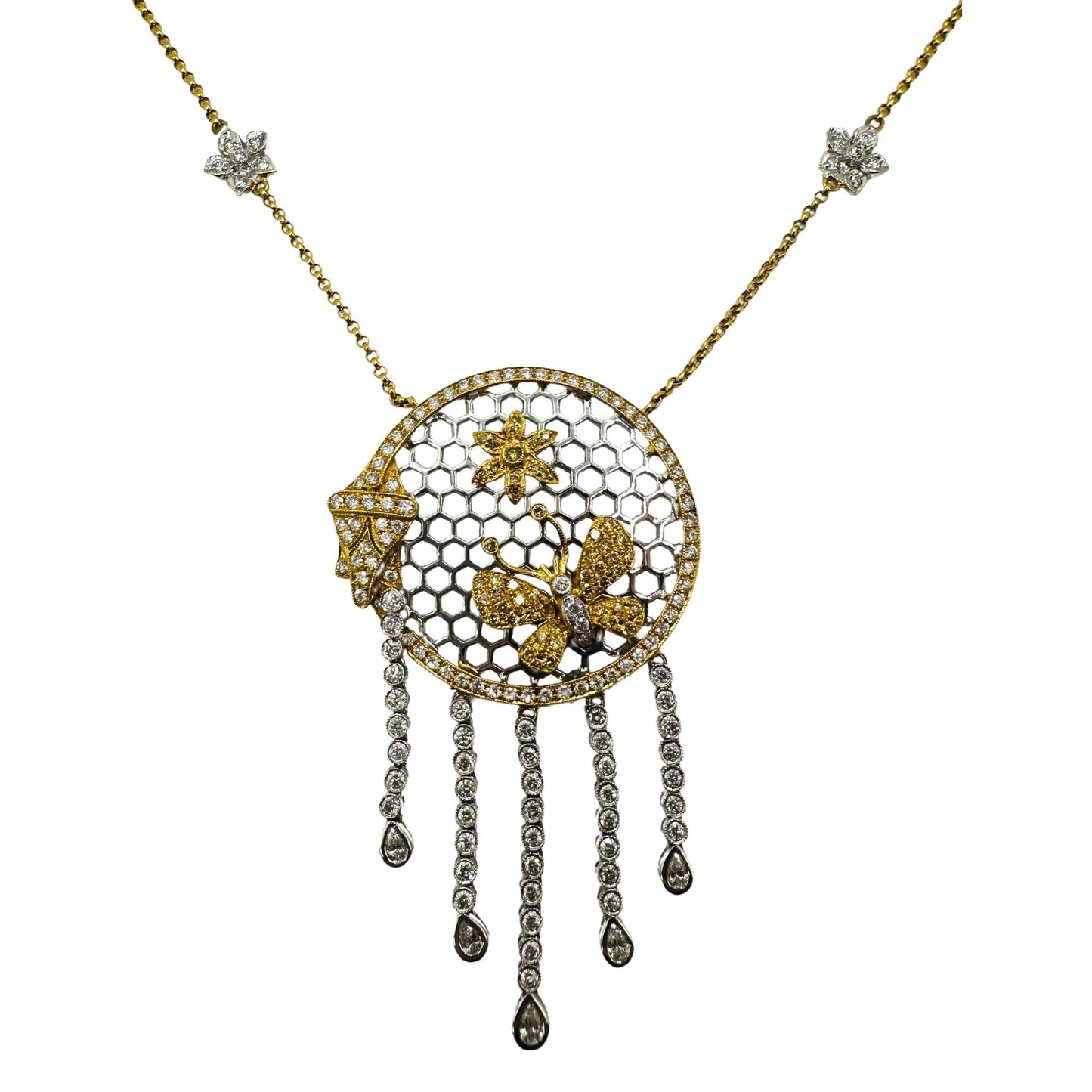 18k White and Yellow Diamond Butterfly and Flower Necklace